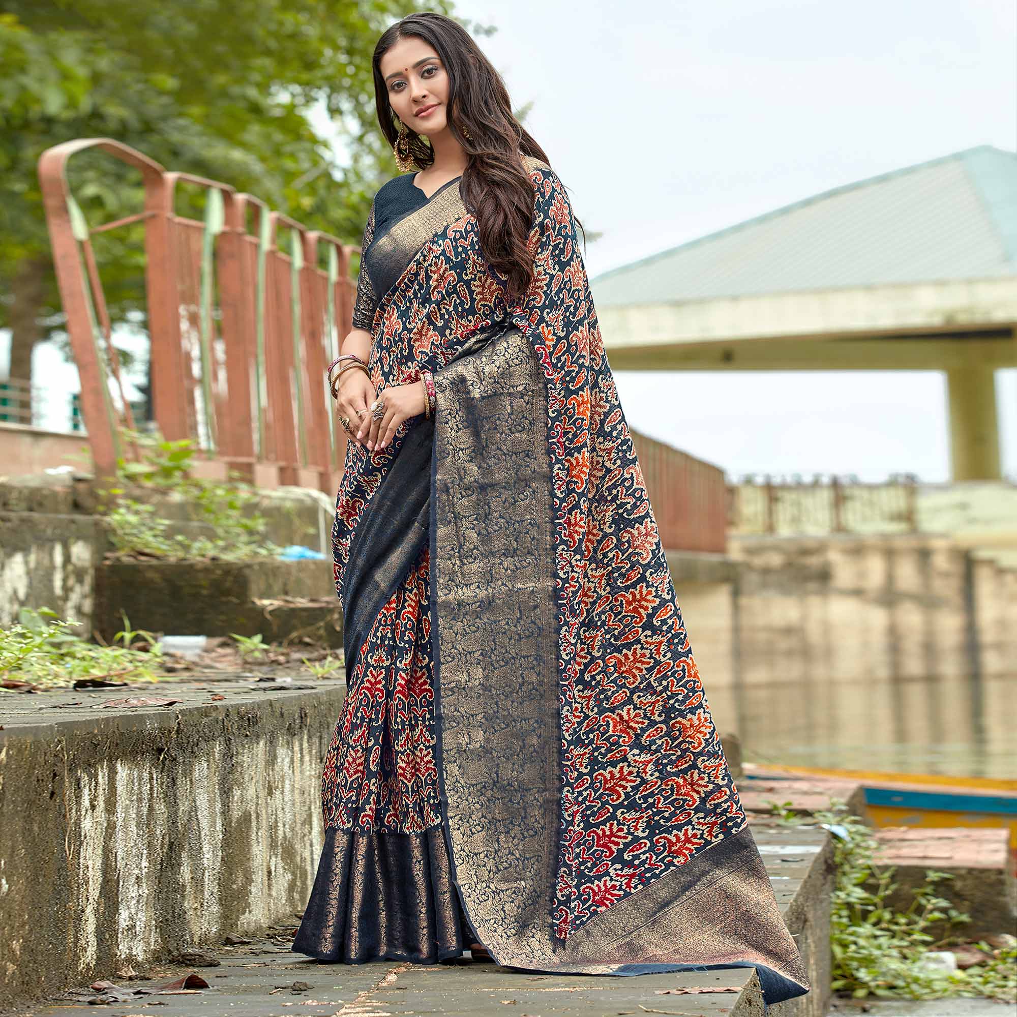 Blue Printed With Woven Border Pure Cotton Saree