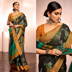 Black Floral Printed With Woven Cotton Silk Saree