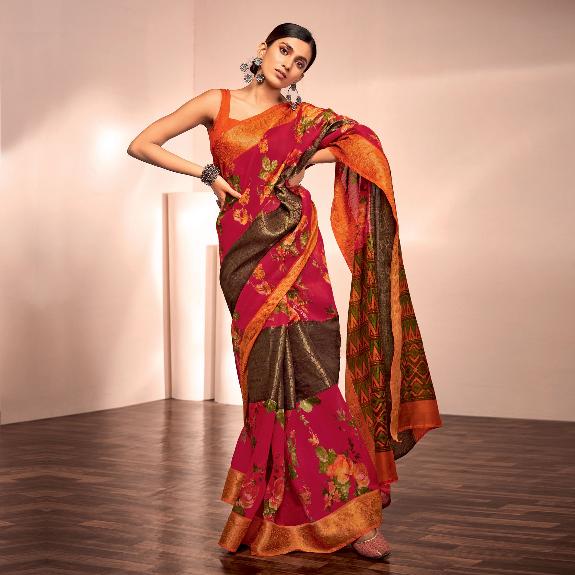 Pink Floral Printed With Woven Cotton Silk Saree