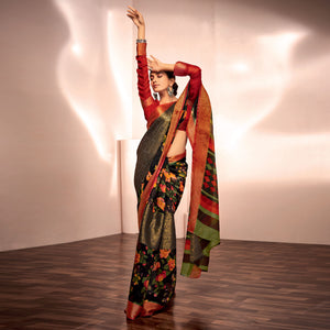 Black Floral Printed With Woven Cotton Silk Saree