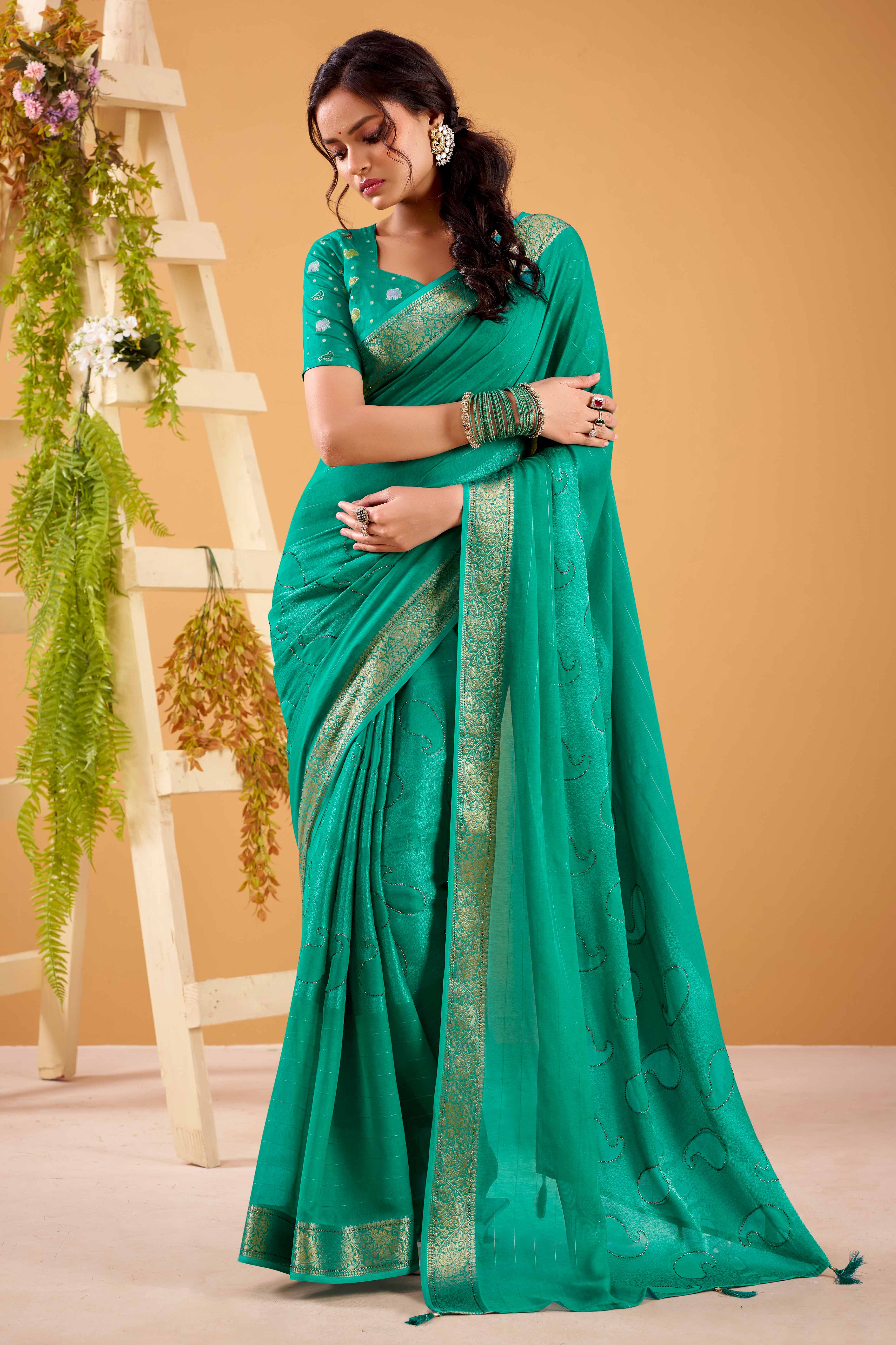 Rama Green Jacquard Saree Featuring Swarovski Embellishments With Rich Paisley & Floral Weave