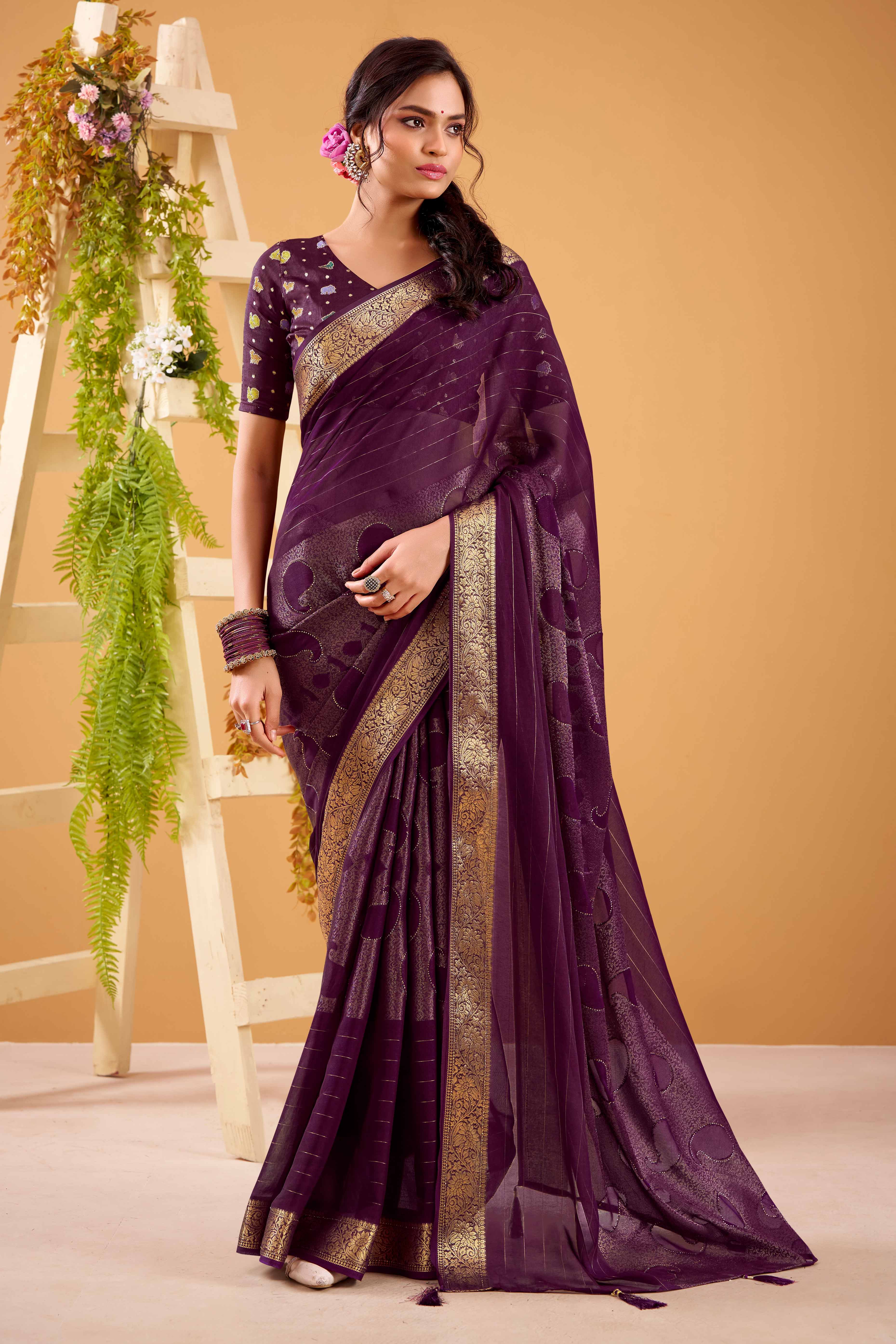 Wine Jacquard Saree Featuring Swarovski Embellishments With Rich Paisley & Floral Weave