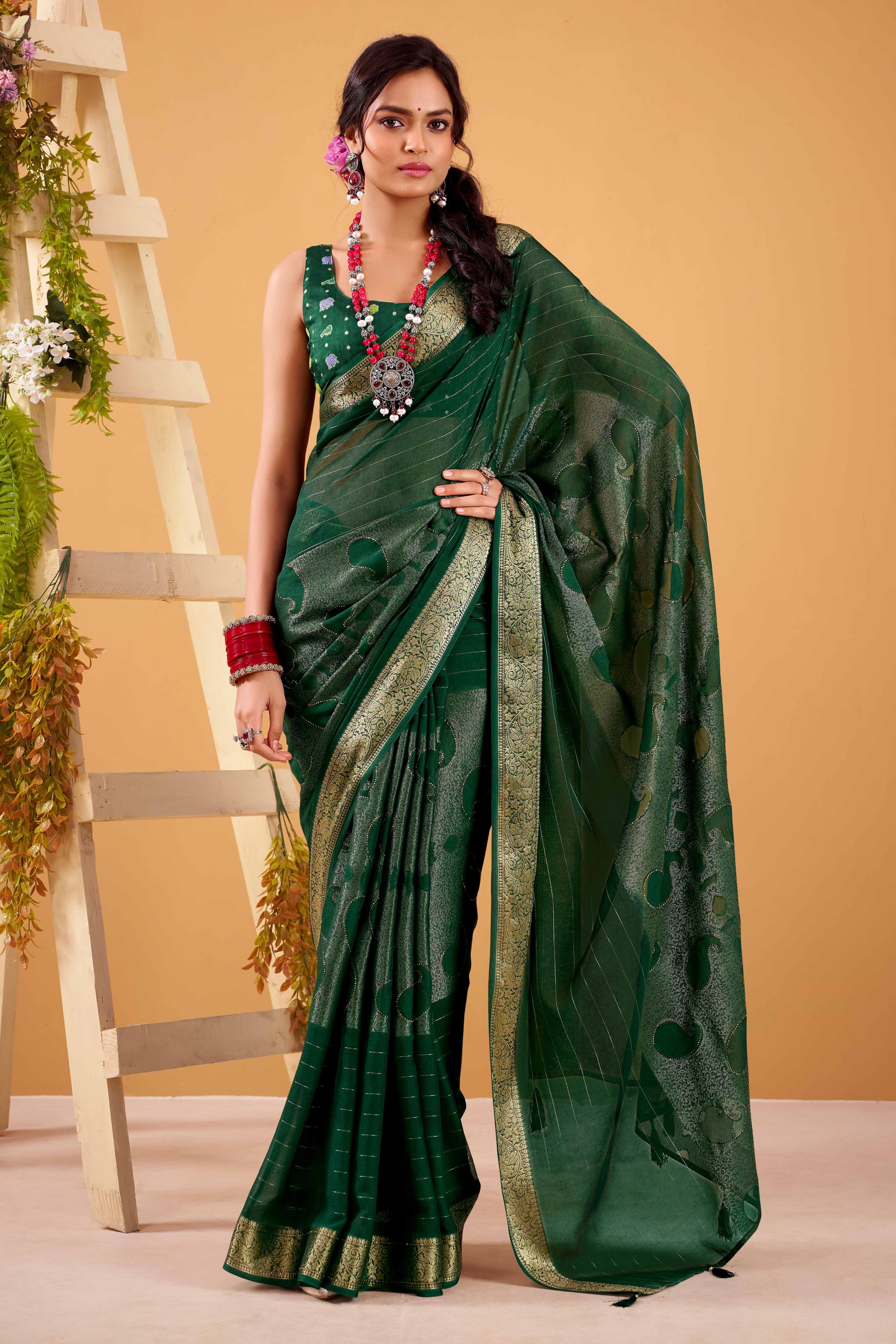 Green Jacquard Saree Featuring Swarovski Embellishments With Rich Paisley & Floral Weave
