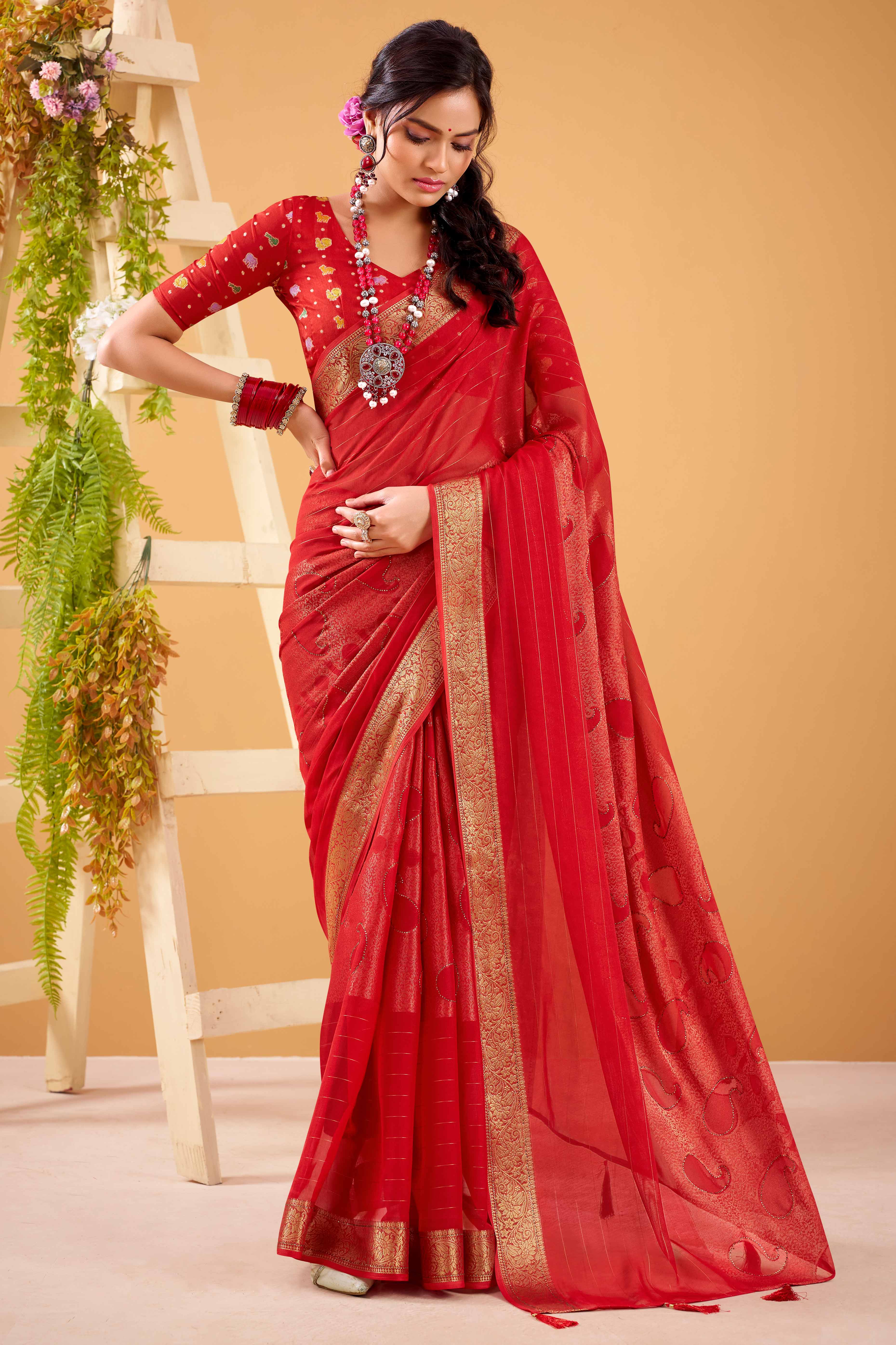 Red Jacquard Saree Featuring Swarovski Embellishments With Rich Paisley & Floral Weave