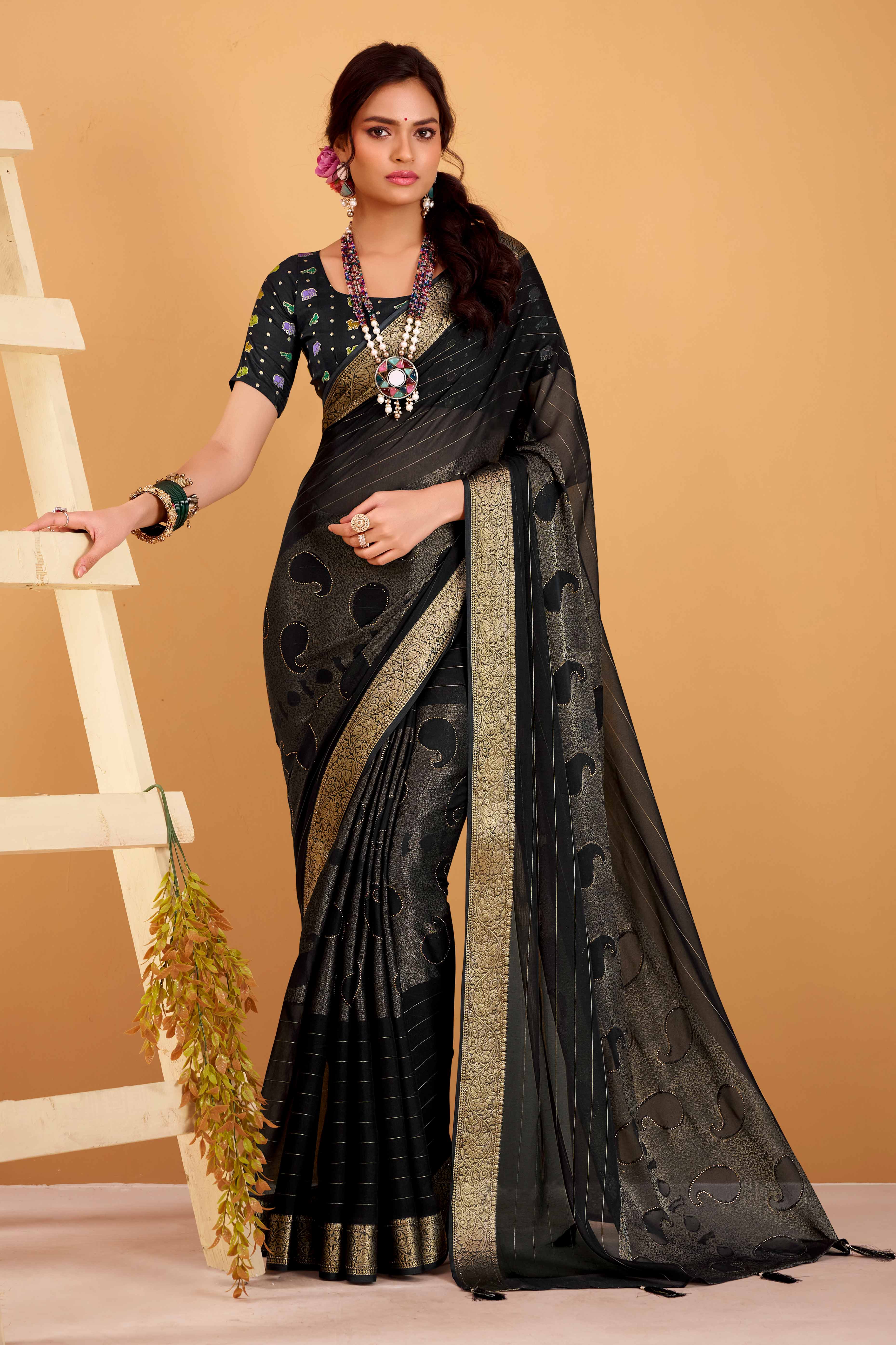 Black Jacquard Saree Featuring Swarovski Embellishments With Rich Paisley & Floral Weave