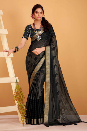 Black Jacquard Saree Featuring Swarovski Embellishments With Rich Paisley & Floral Weave