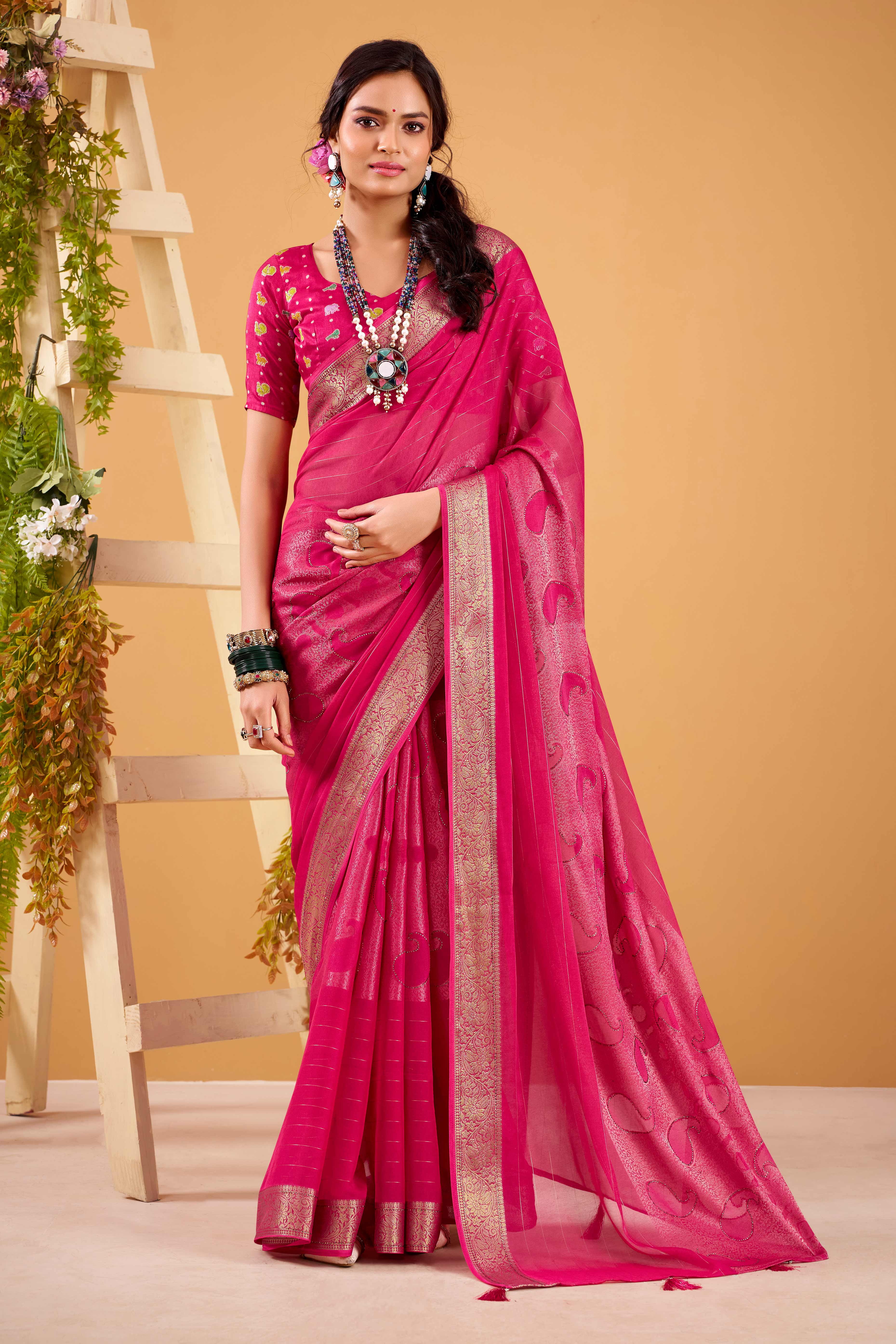 Rani Pink Jacquard Saree Featuring Swarovski Embellishments With Rich Paisley & Floral Weave