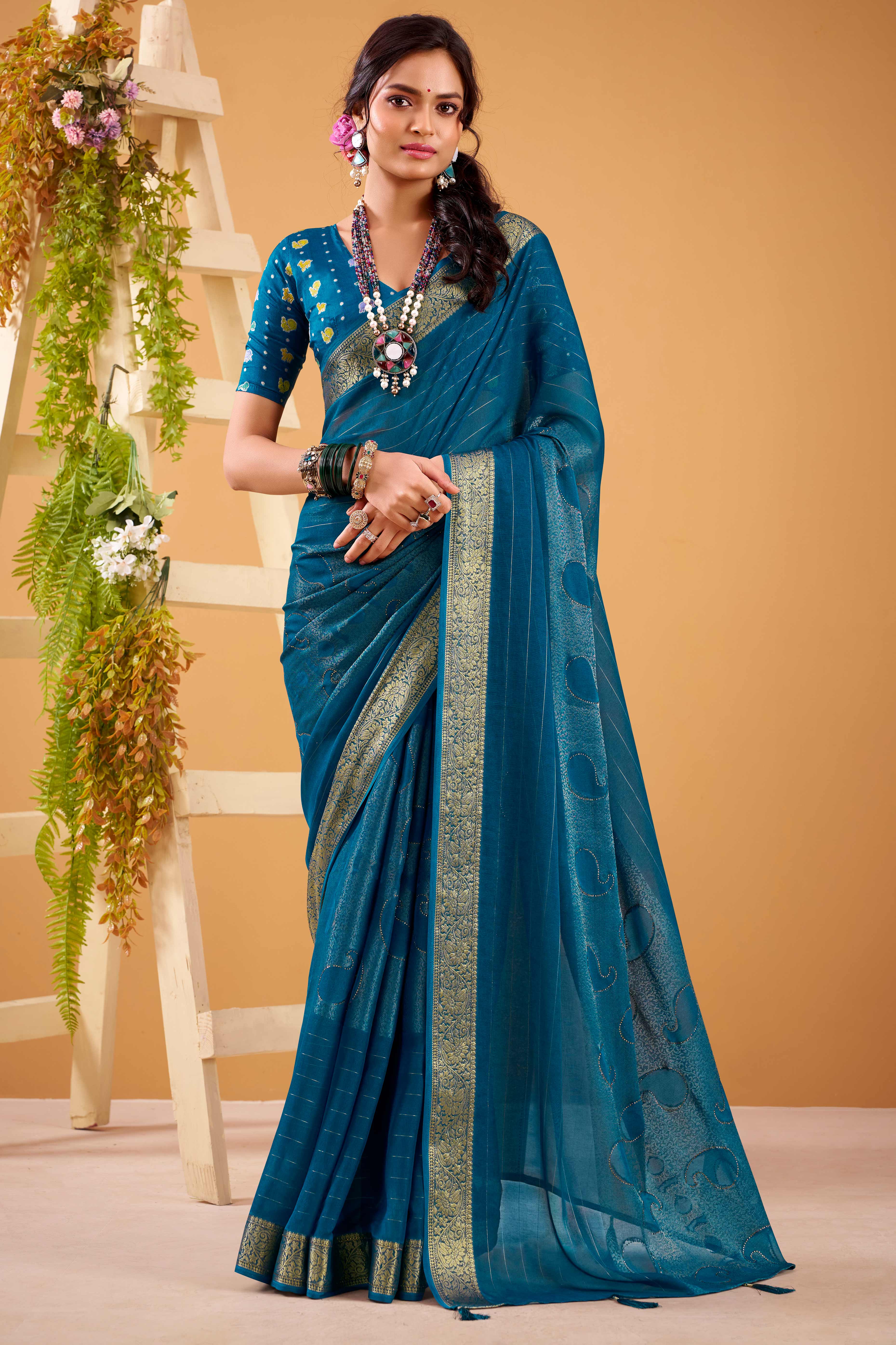 Blue Jacquard Saree Featuring Swarovski Embellishments With Rich Paisley & Floral Weave