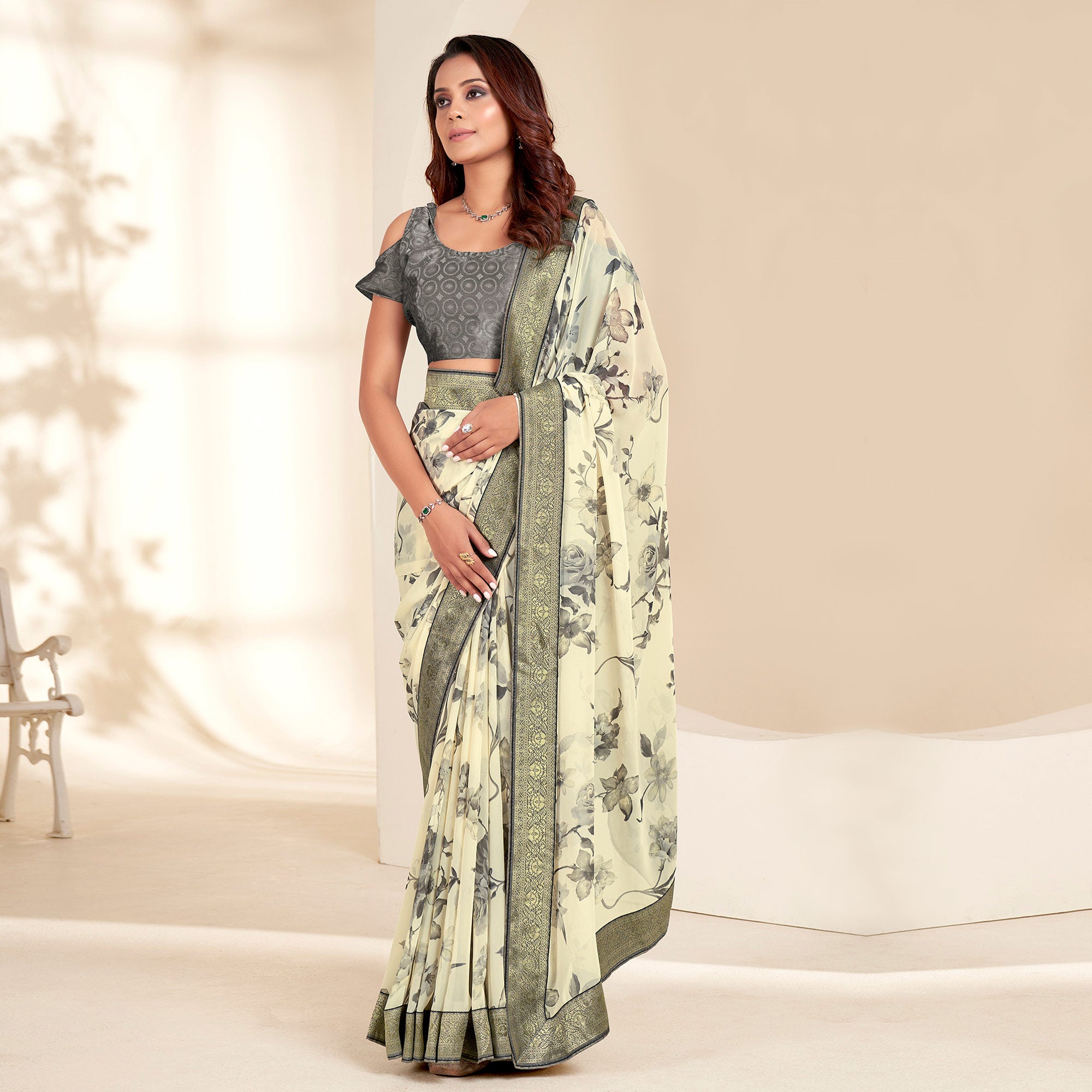 Off White Floral Printed Georgette Saree With Embroidered Border