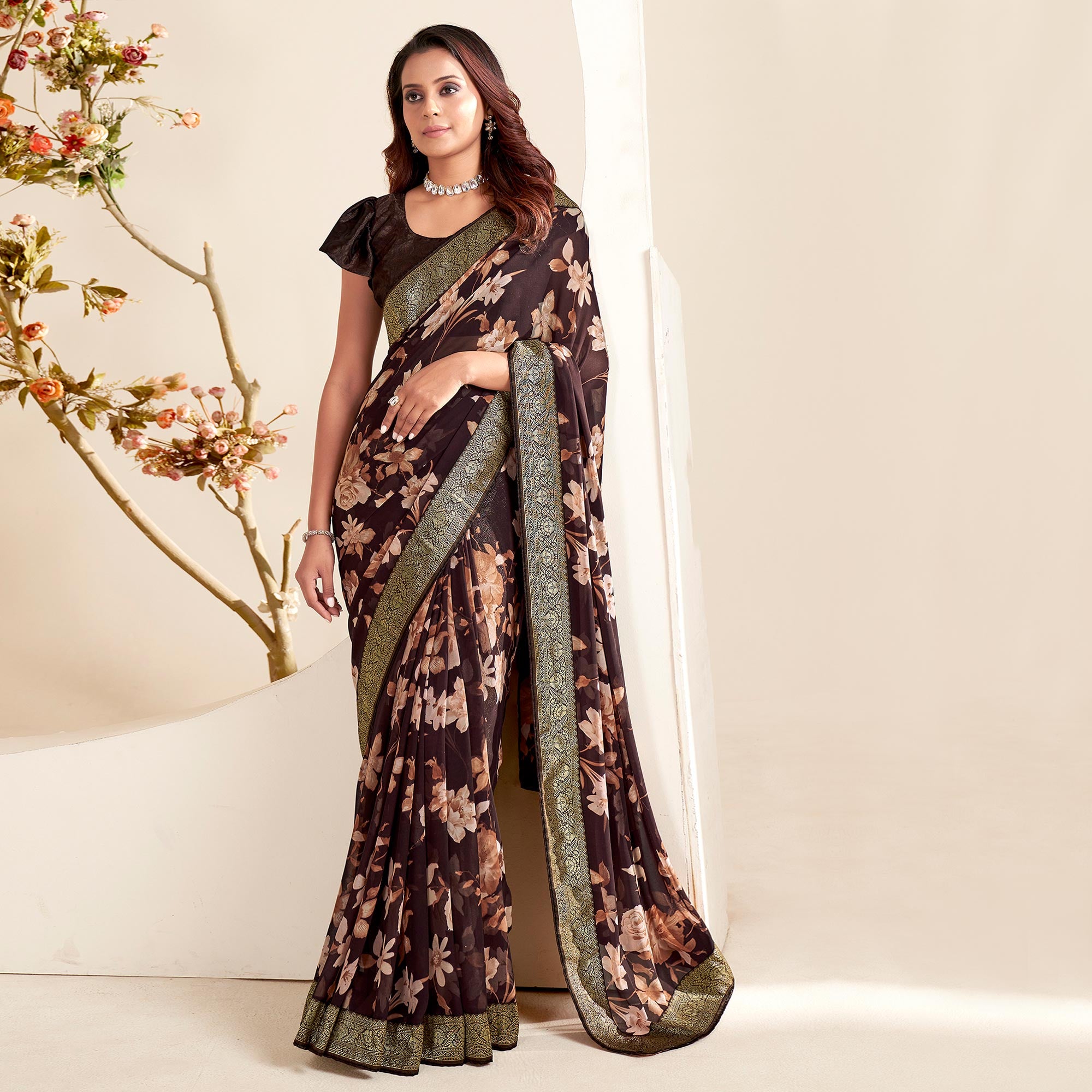 Brown Floral Printed Georgette Saree With Embroidered Border