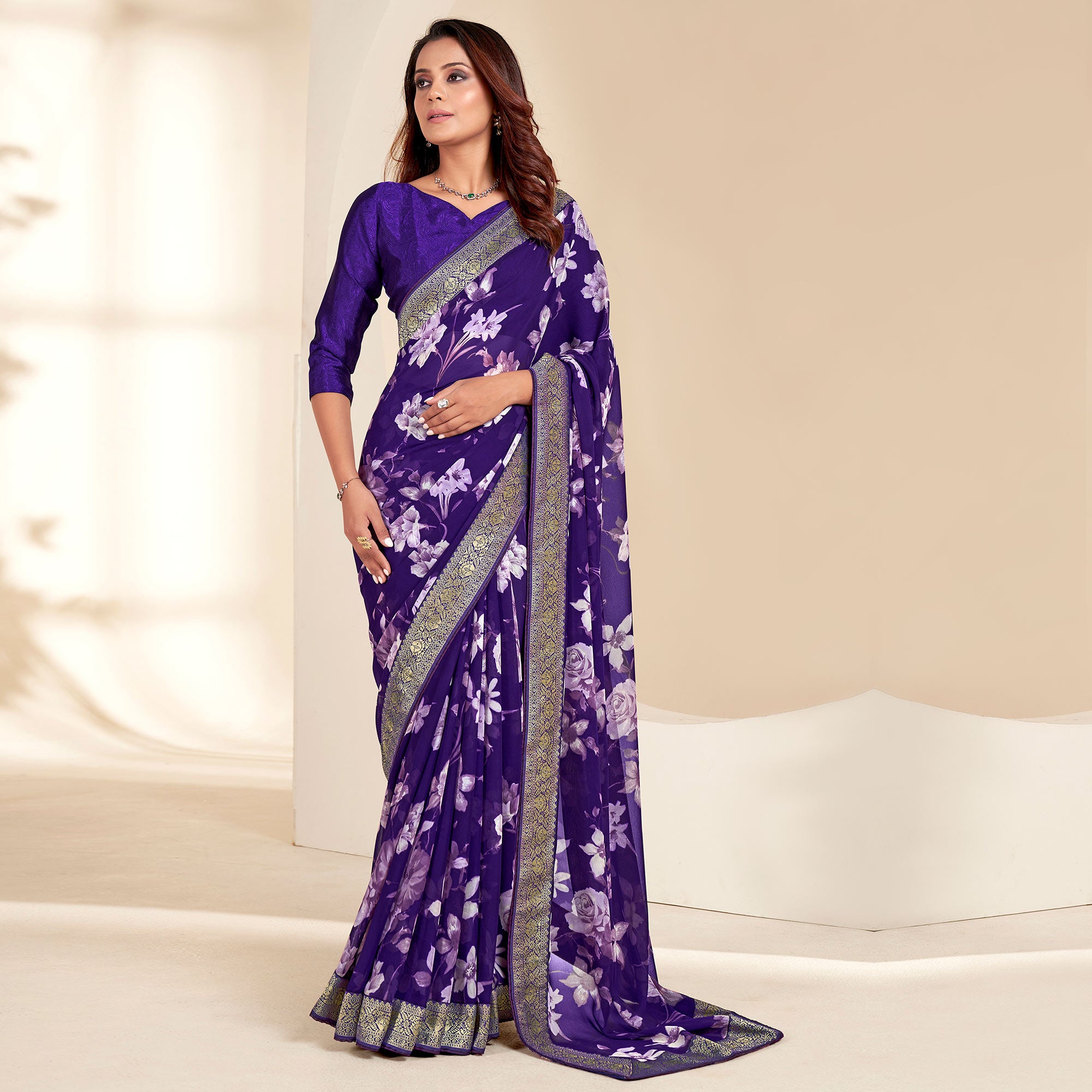 Purple Floral Printed Georgette Saree With Embroidered Border
