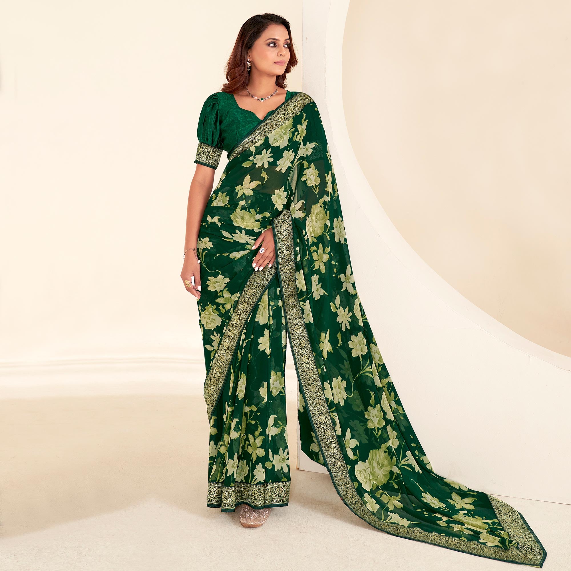 Green Floral Printed Georgette Saree With Embroidered Border