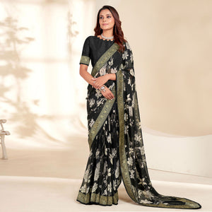 Black Floral Printed Georgette Saree With Embroidered Border