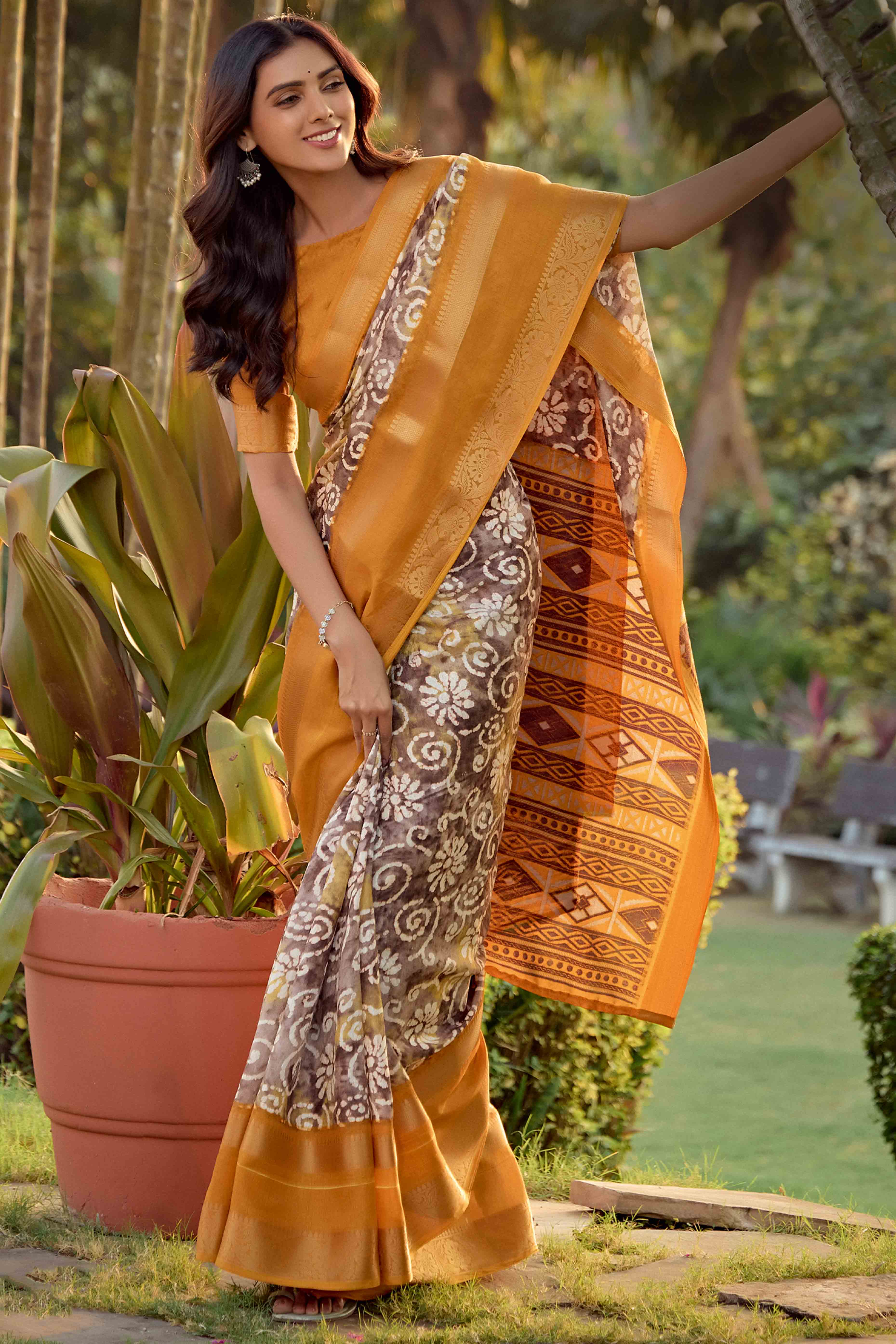 Brown Floral Printed Dola Silk Saree