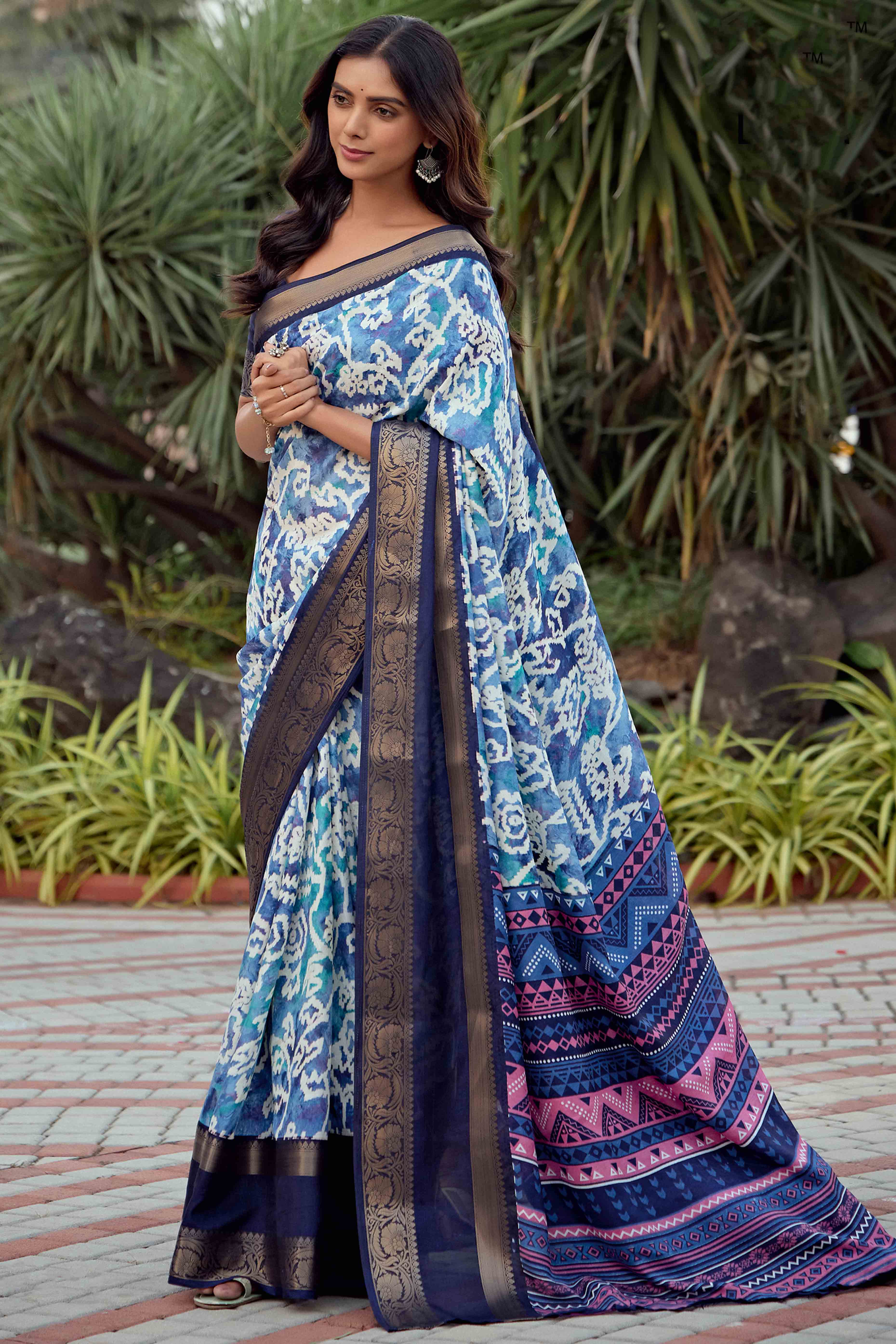 Blue Ikkat Printed Dola Silk Saree