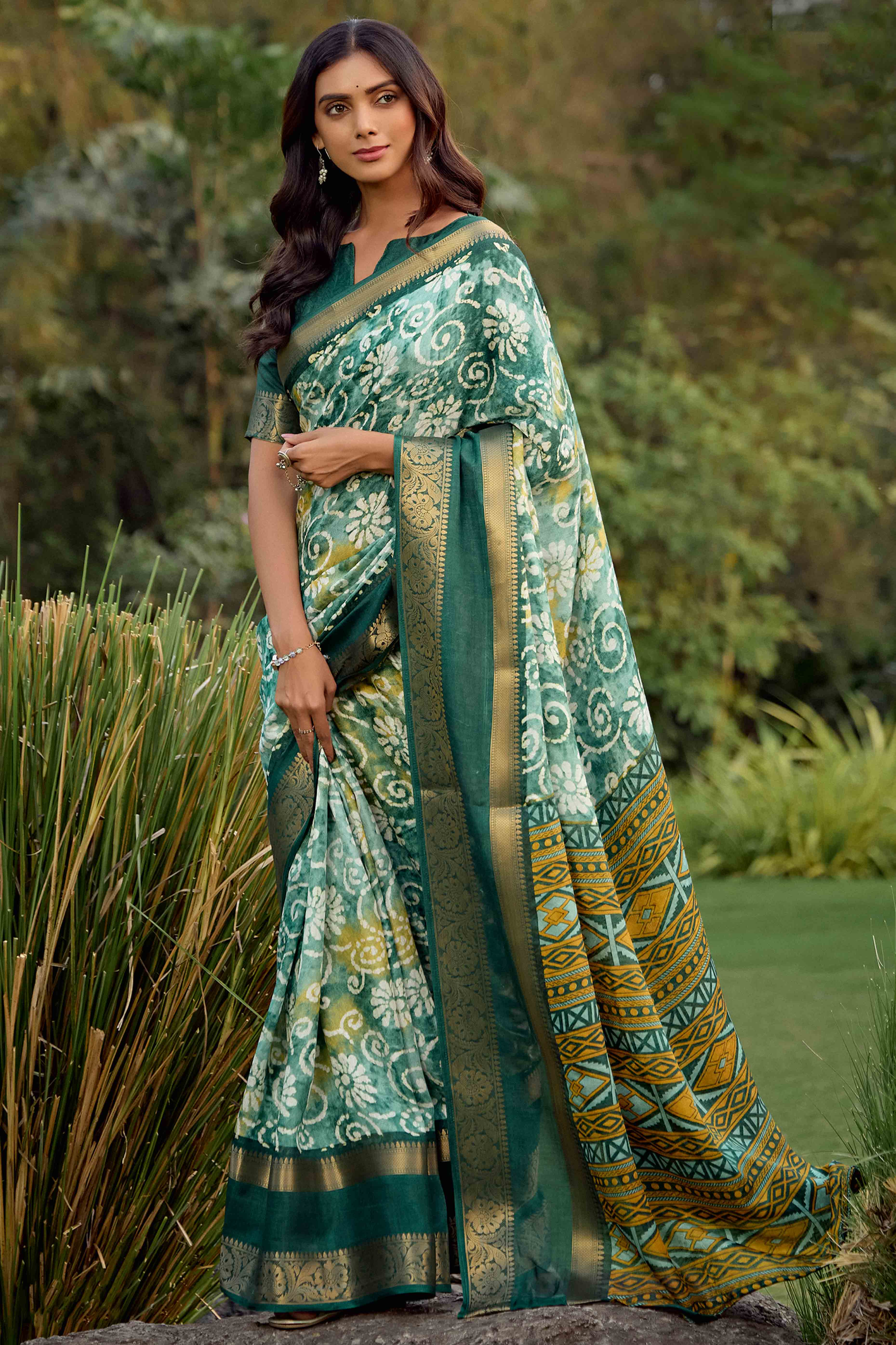 Green Floral Printed Dola Silk Saree