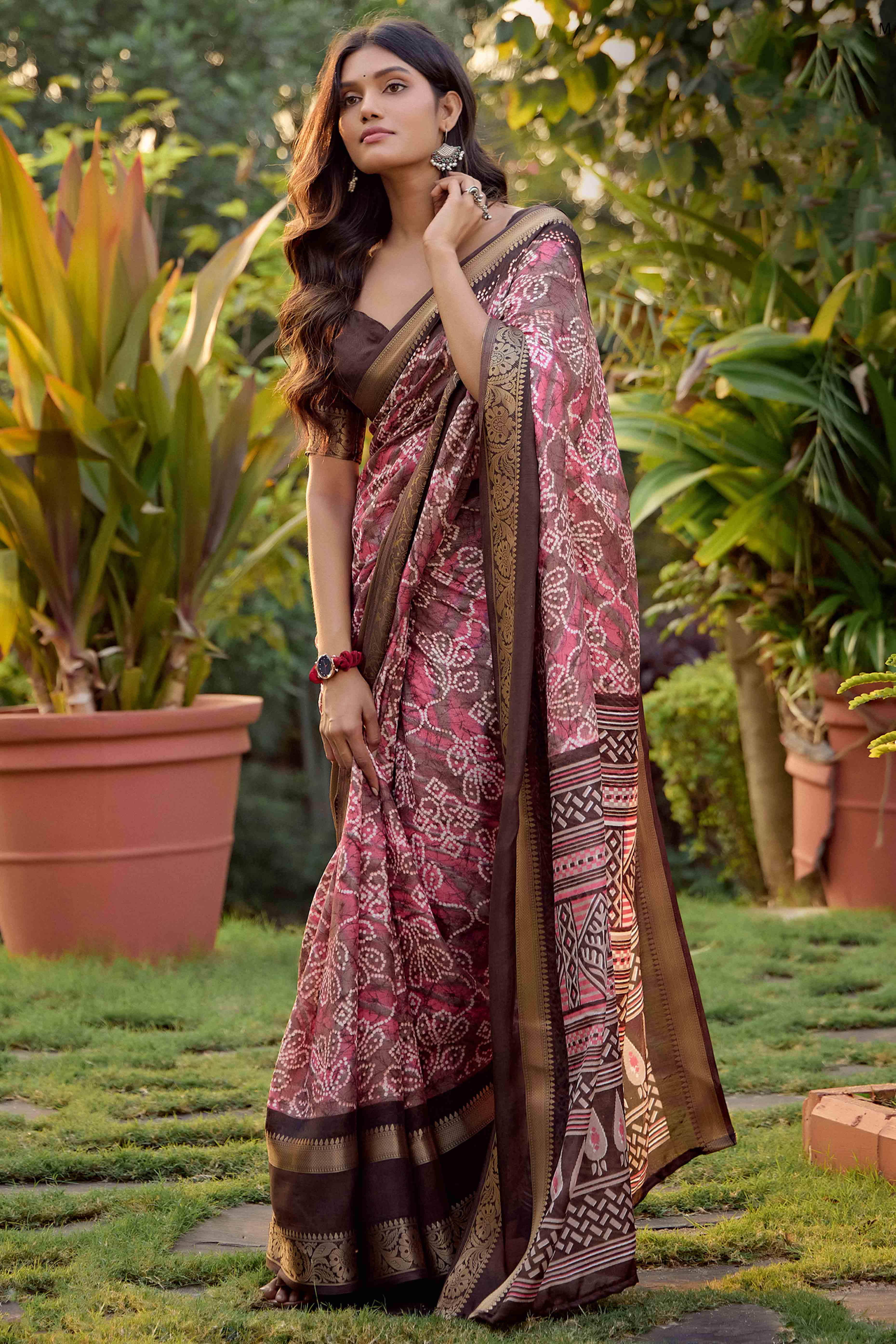 Pink Bandhani Printed Dola Silk Saree