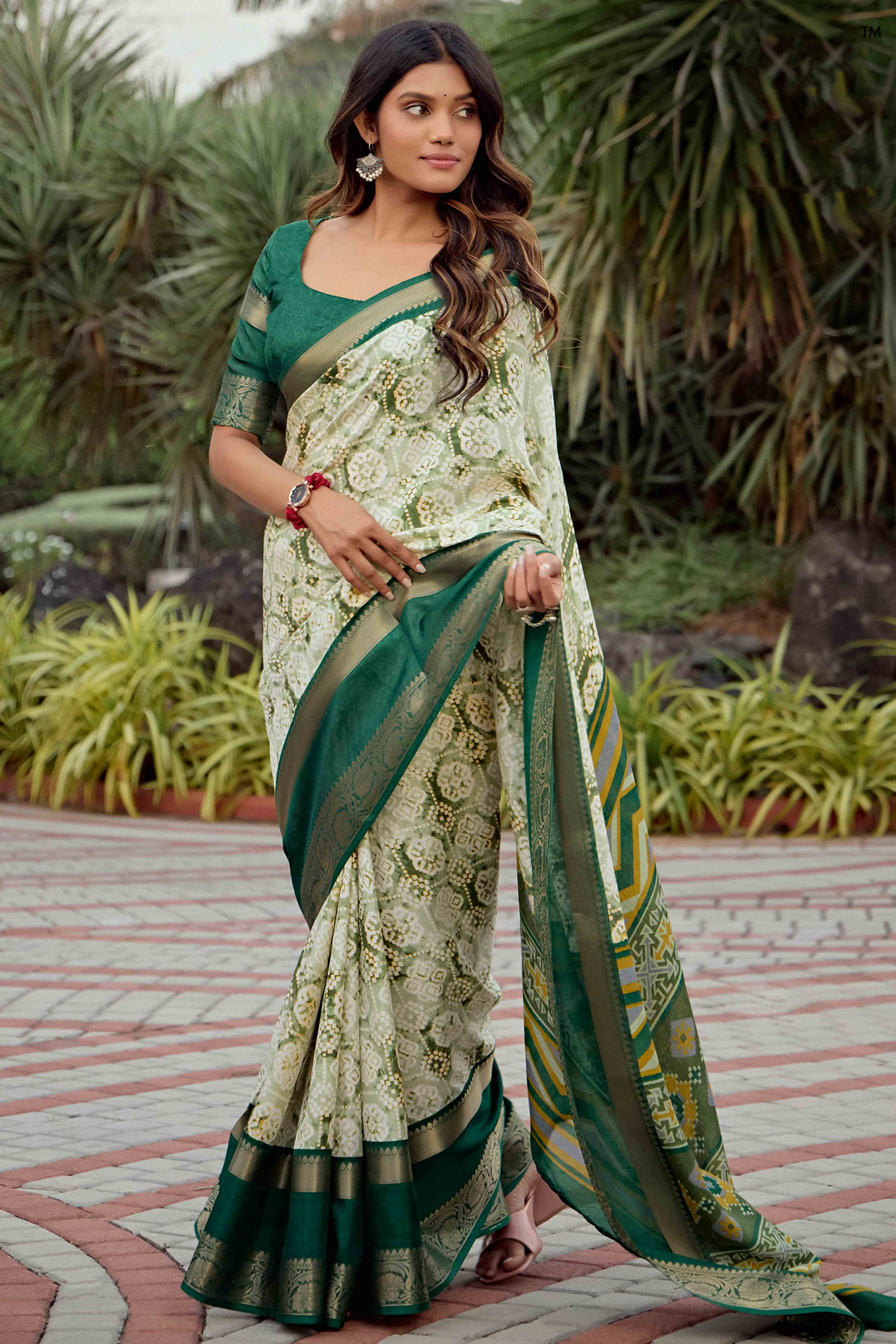 Light Green Floral Printed Dola Silk Saree