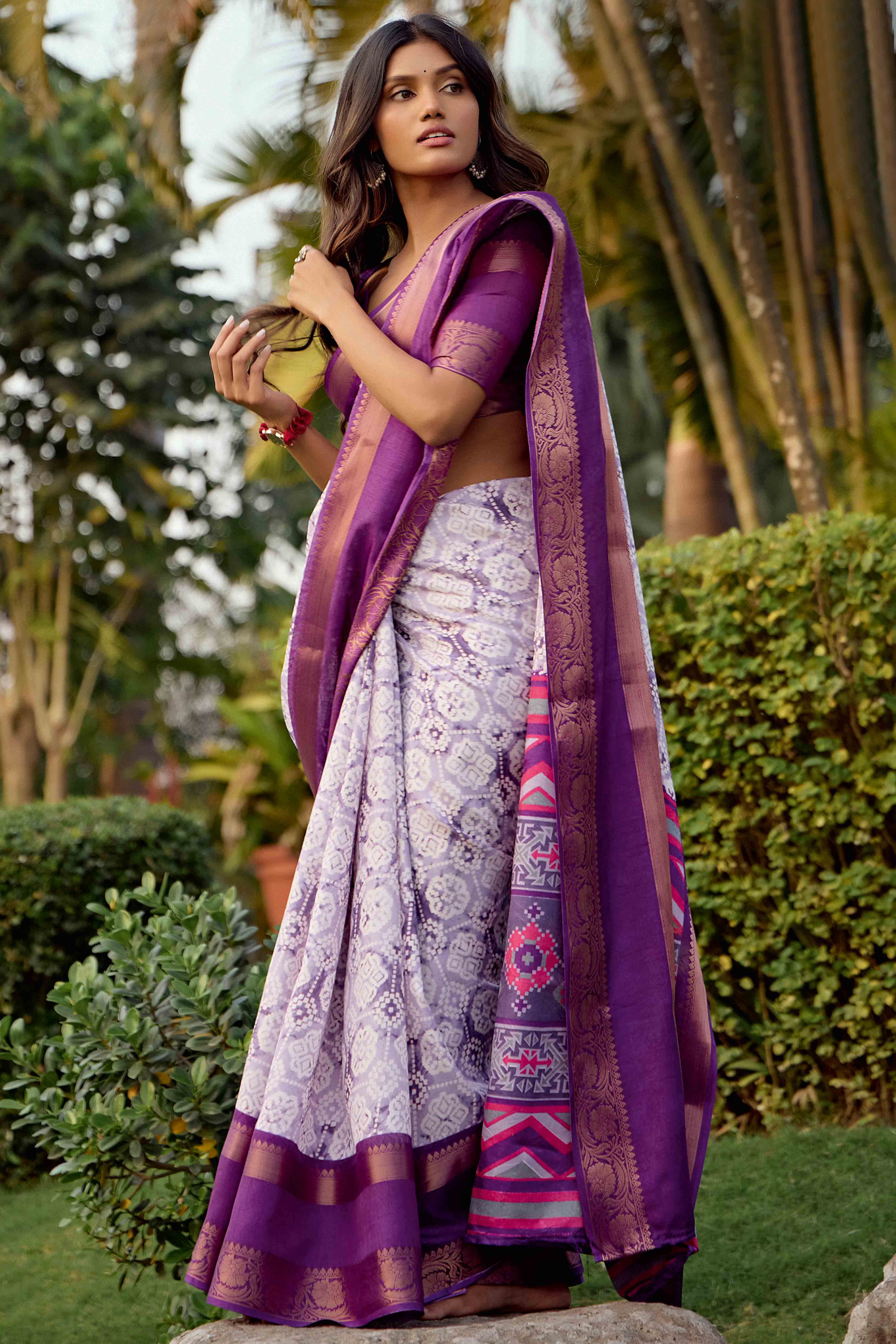 Light Purple Floral Printed Dola Silk Saree