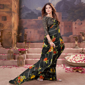 Black Floral Foil Printed Georgette Saree