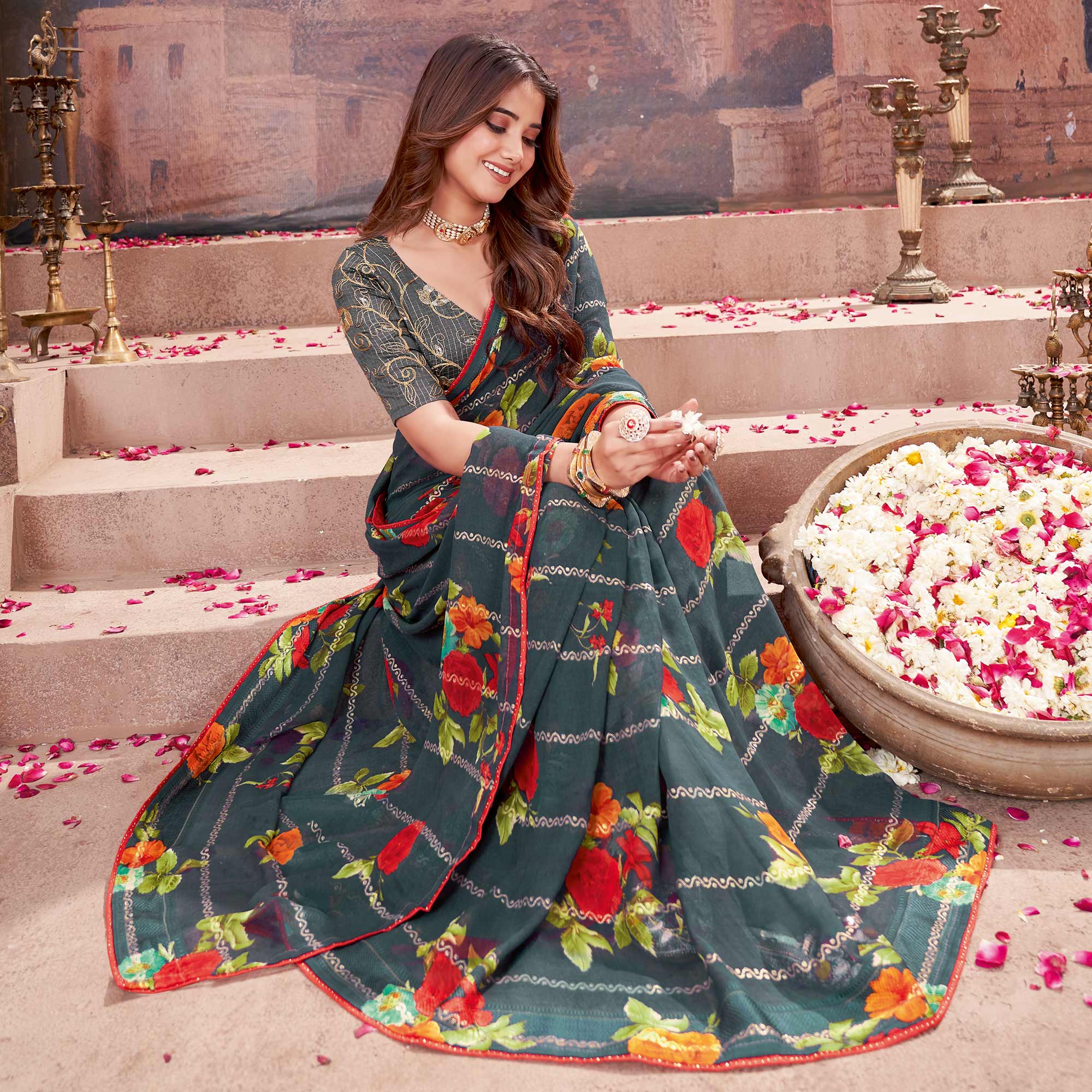 Grey Floral Foil Printed Georgette Saree