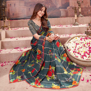 Grey Floral Foil Printed Georgette Saree