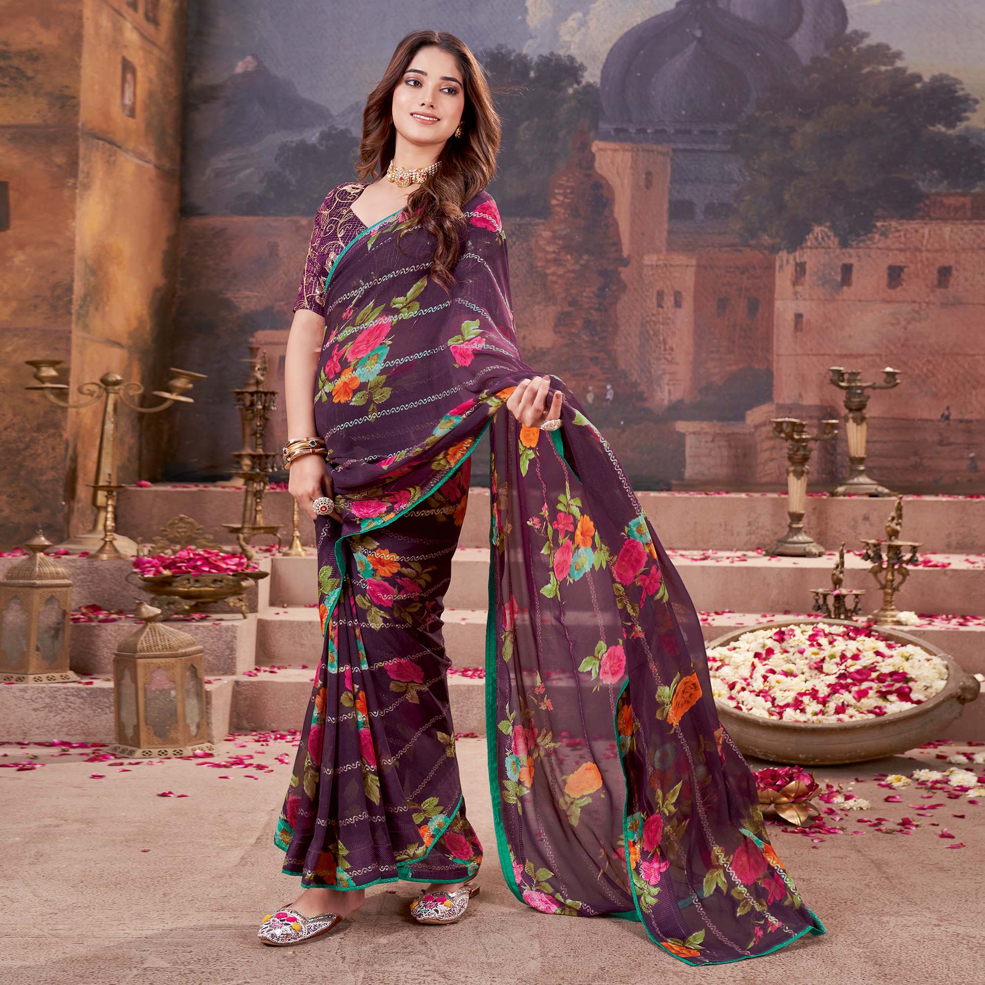Purple Floral Foil Printed Georgette Saree