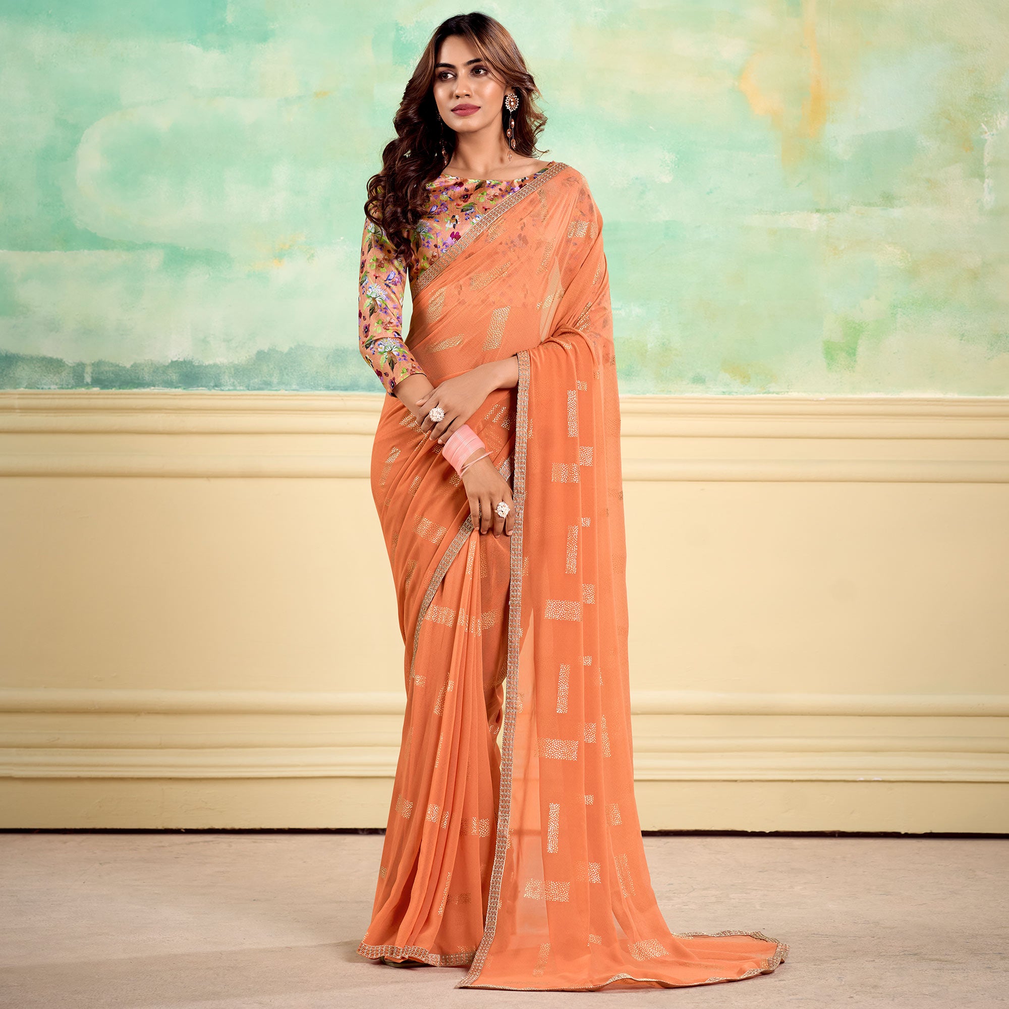 Peach Foil Printed With Sequin Georgette Saree