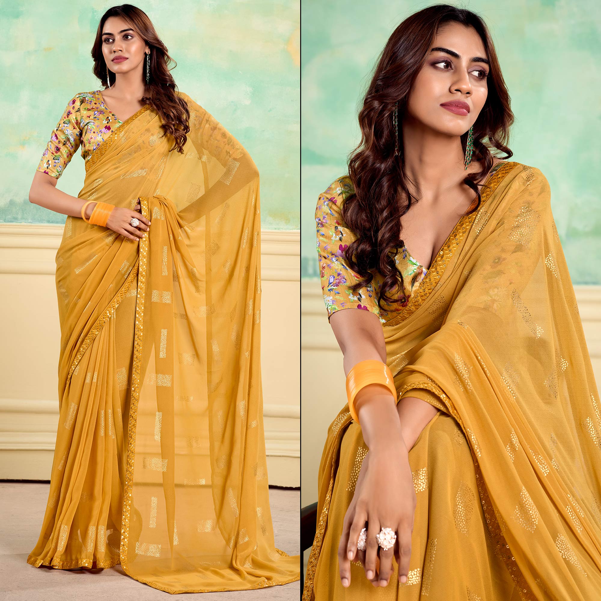 Mustard Foil Printed With Sequins Georgette Saree