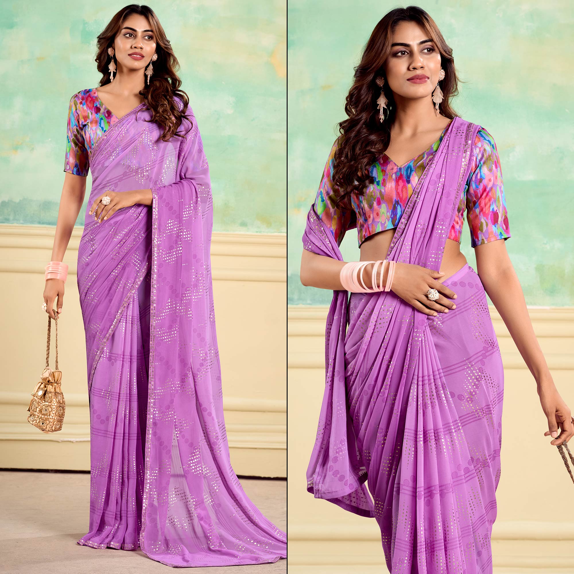 Purple Foil Printed With Sequins Georgette Saree