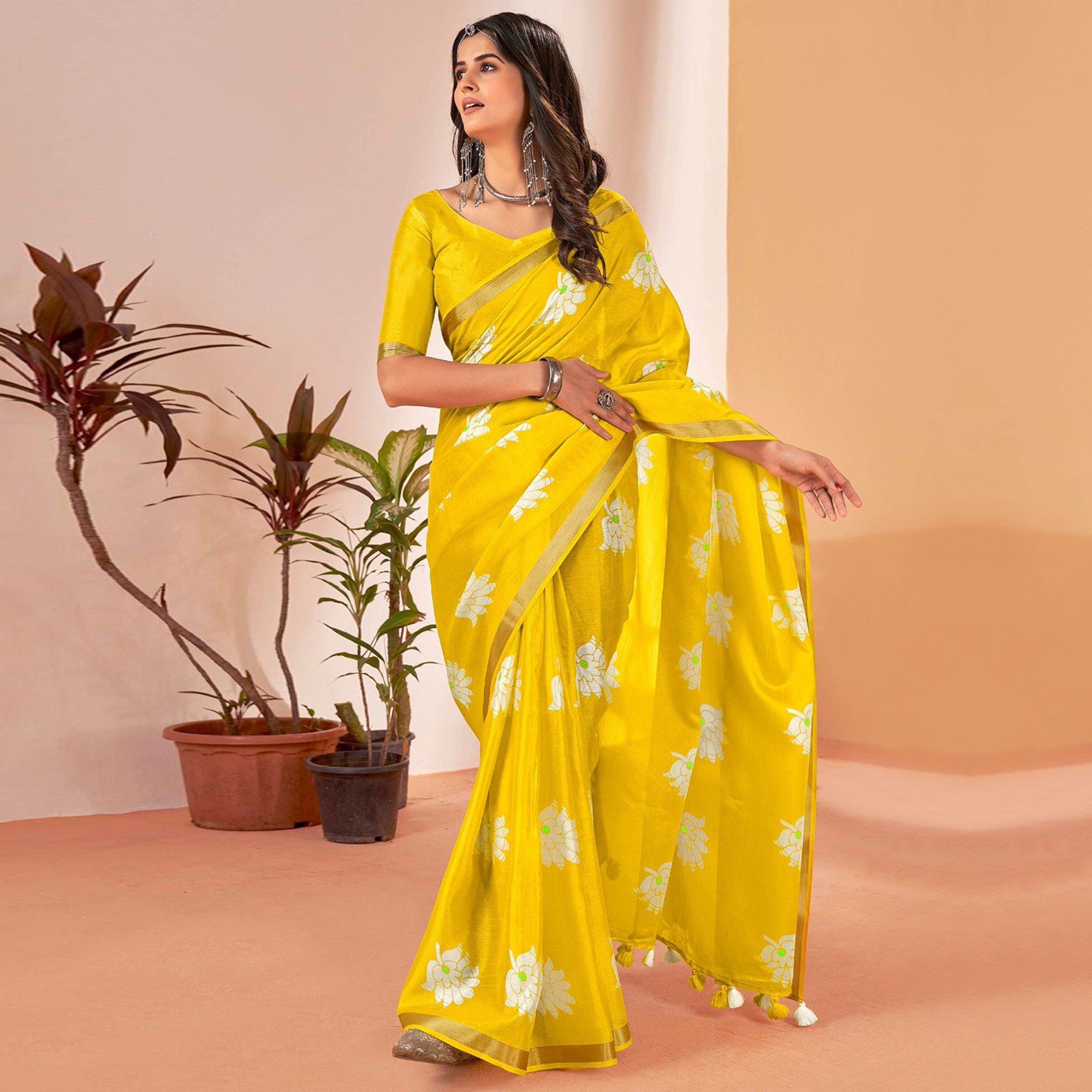 Yellow Floral Printed Cotton Blend Saree With Tassels