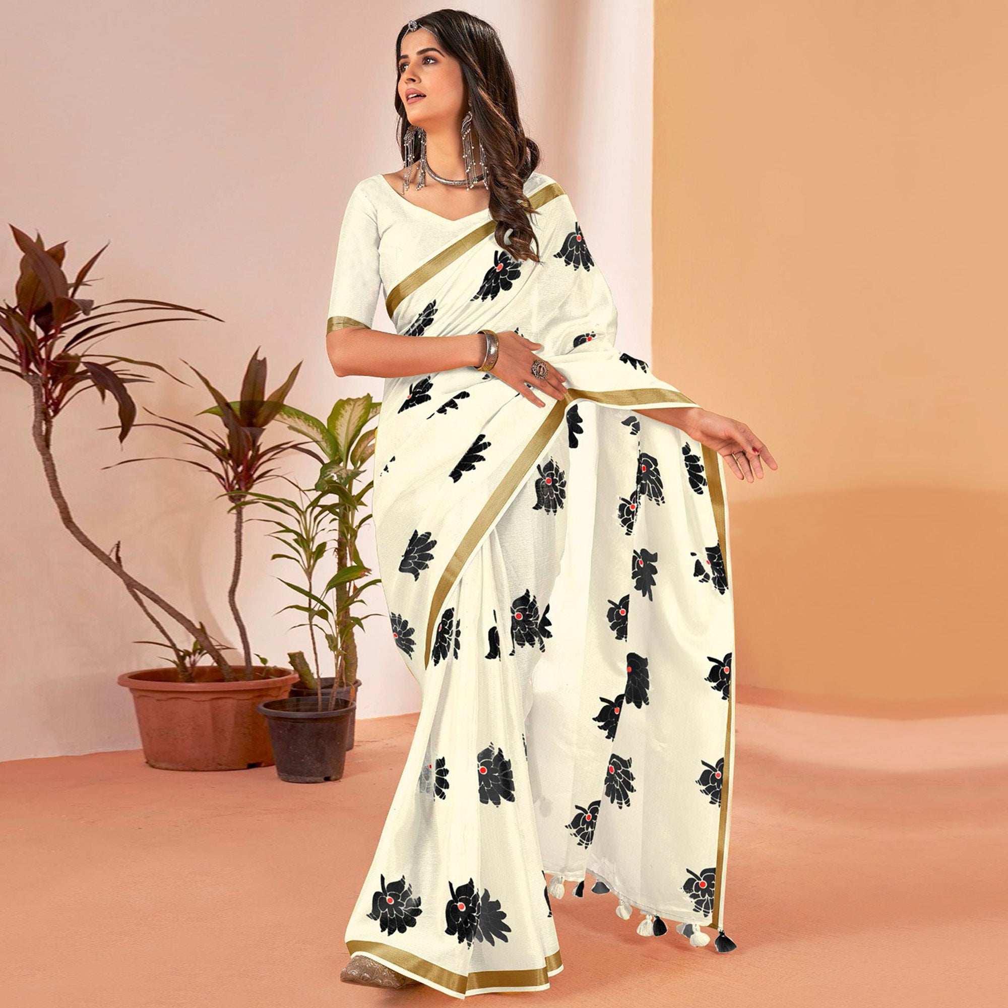 White Floral Printed Cotton Blend Saree With Tassels