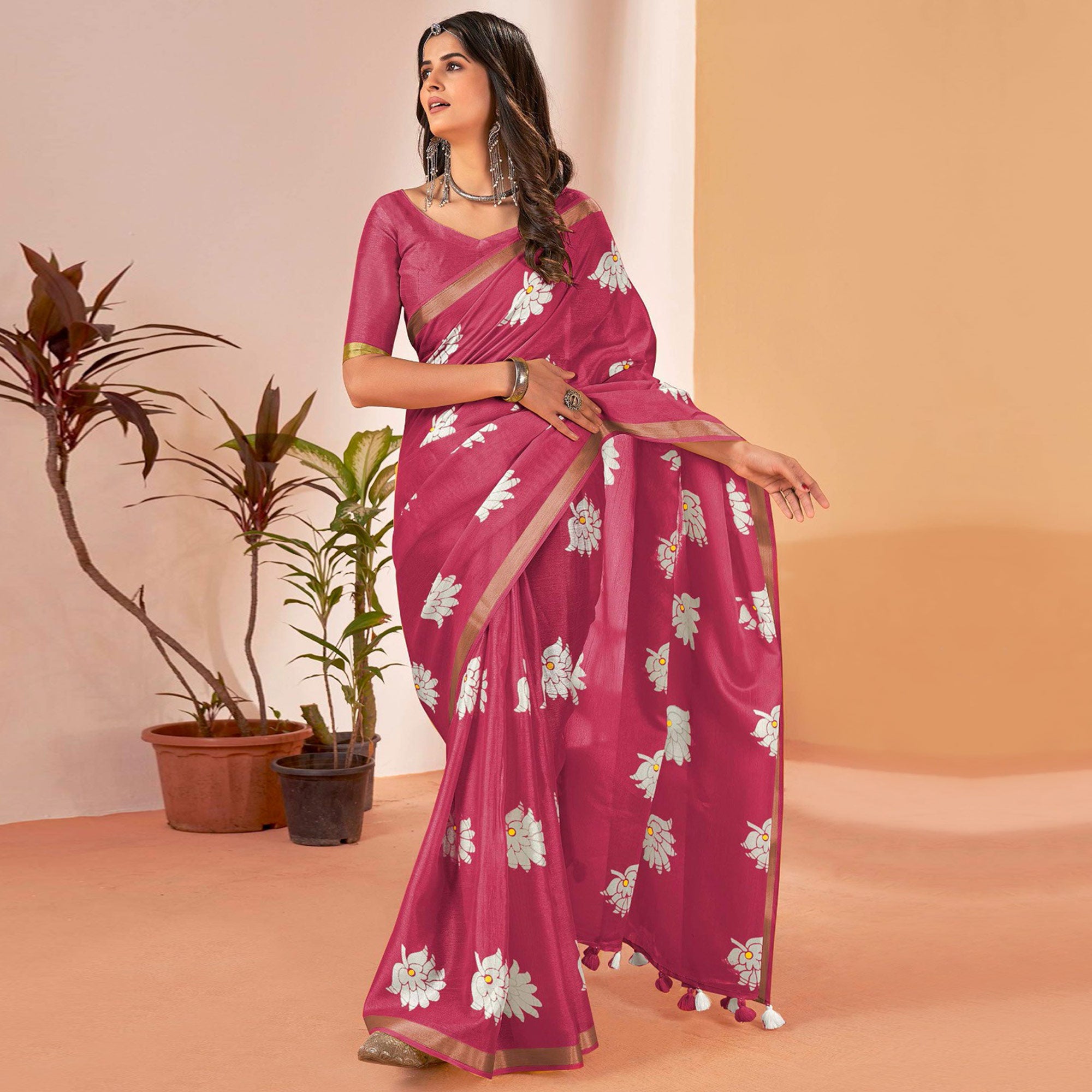 Pink Floral Printed Cotton Blend Saree With Tassels