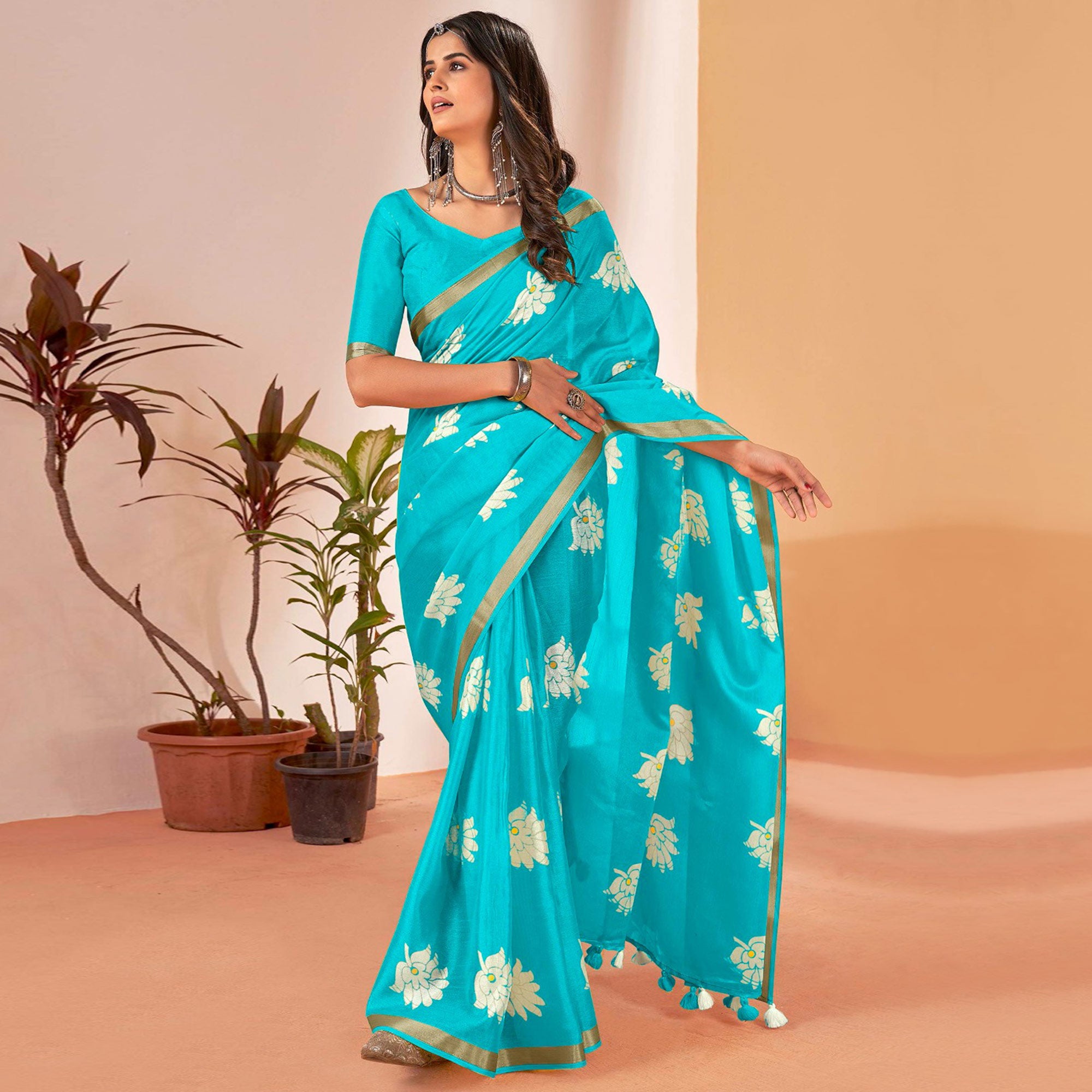 Turquoise Floral Printed Cotton Blend Saree With Tassels