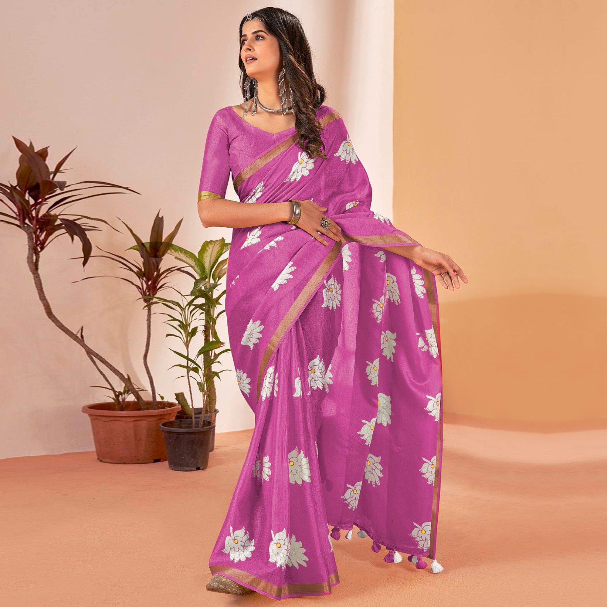 Pink Floral Printed Cotton Blend Saree With Tassels
