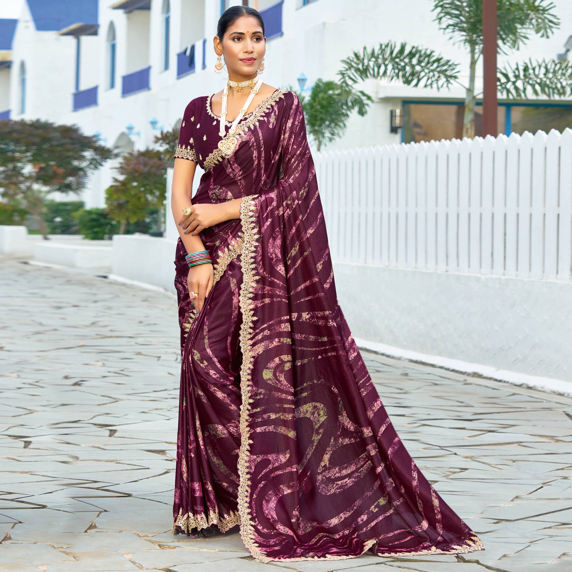 Wine Printed Chiffon Saree With Sequins Border