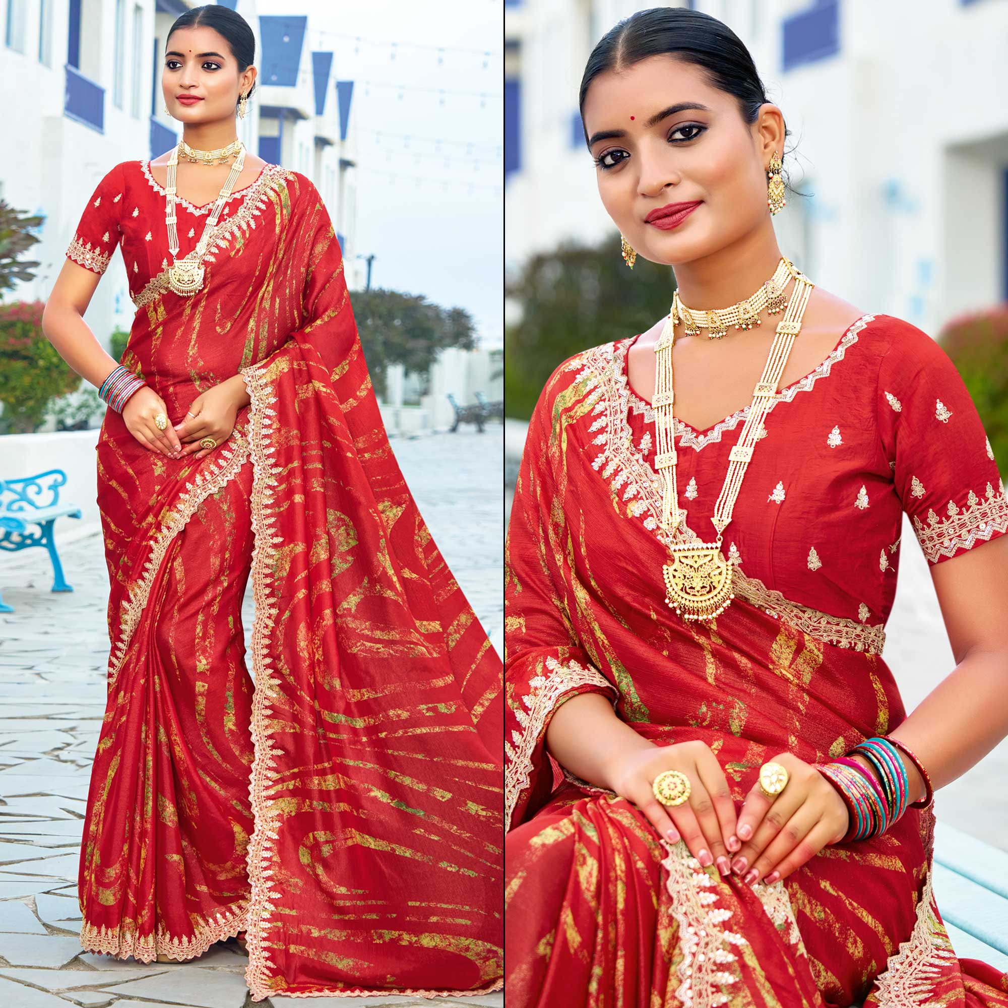 Red Printed Chiffon Saree With Sequins Border