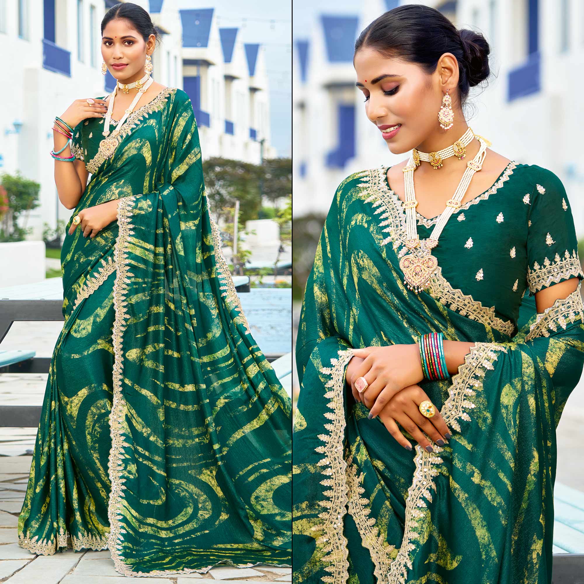 Green Printed Chiffon Saree With Sequins Border