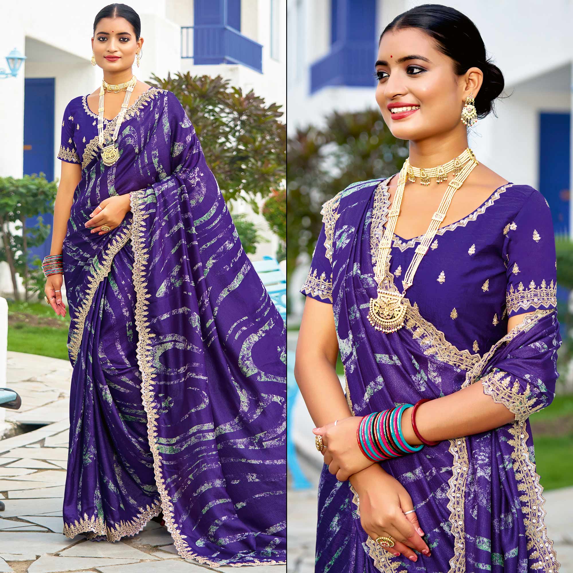 Violet Printed Chiffon Saree With Sequins Border