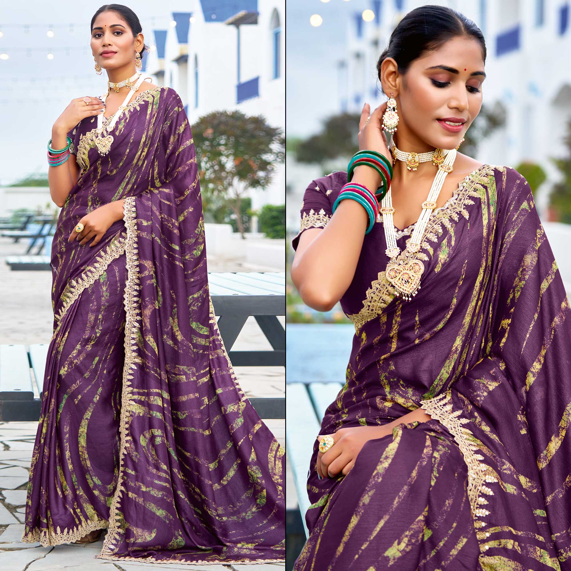 Light Wine Printed Chiffon Saree With Sequins Border