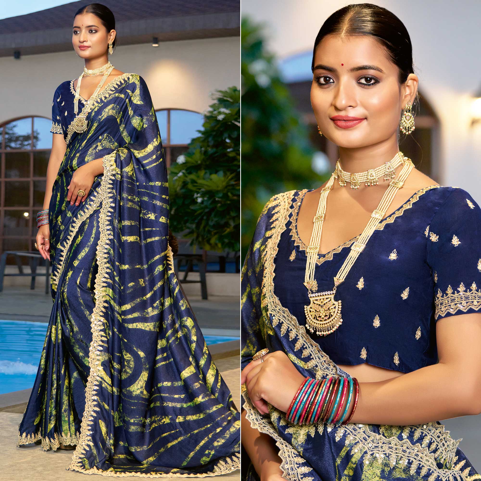 Blue Printed Chiffon Saree With Sequins Border