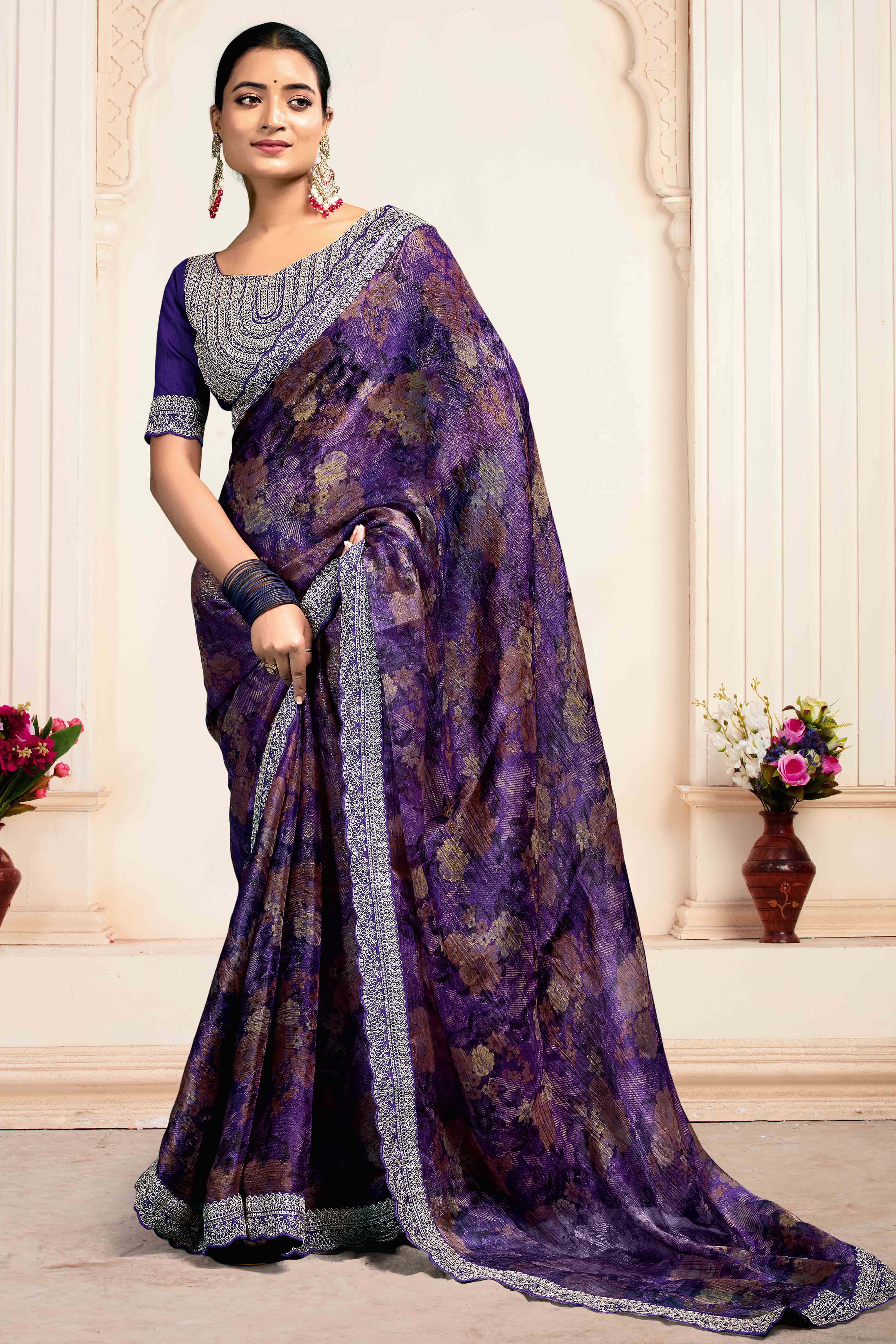Purple Floral Printed Jimmy Choo Chiffon Saree With Embroidery On Border