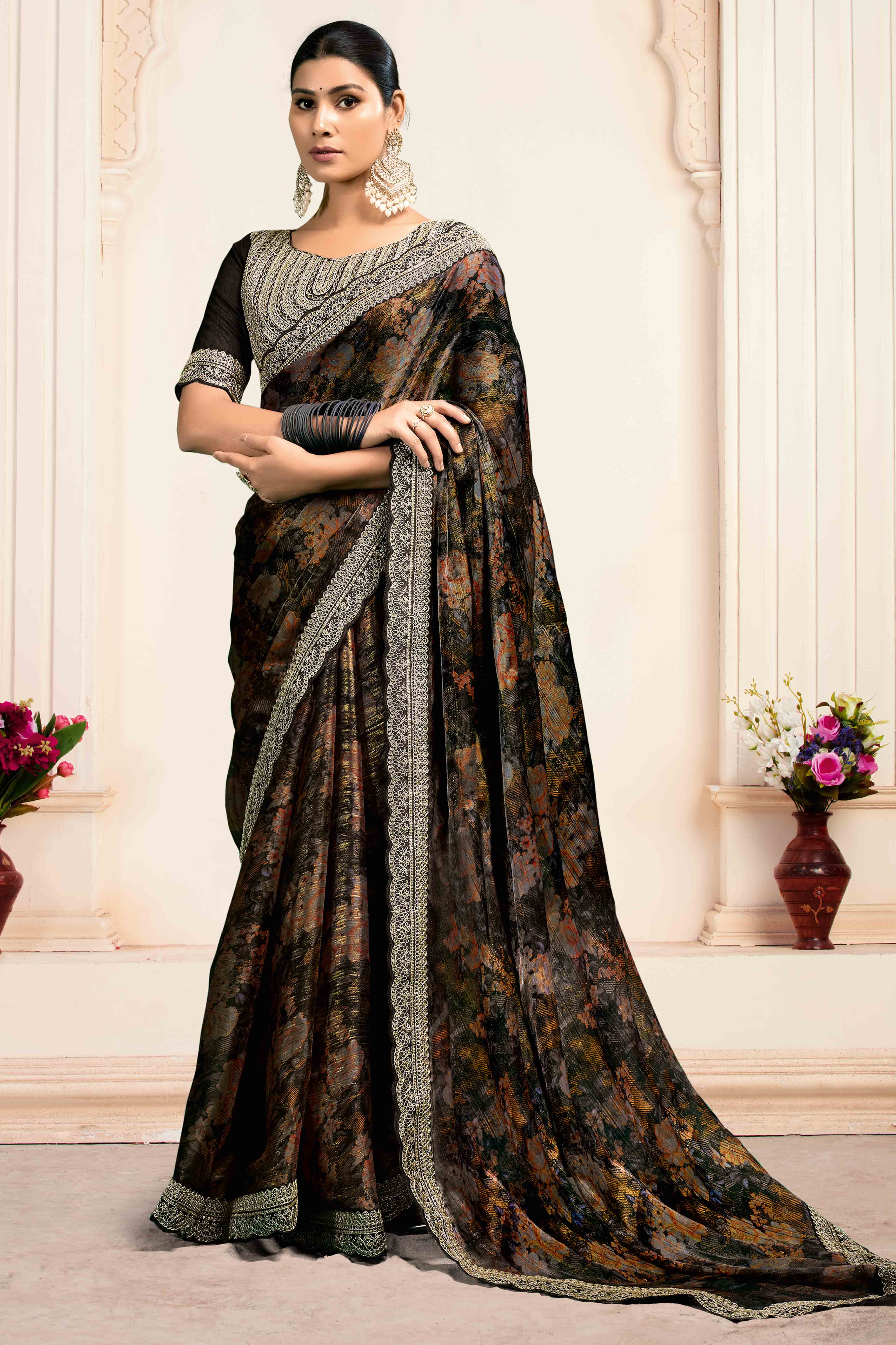 Black Floral Printed Jimmy Choo Chiffon Saree With Embroidery On Border