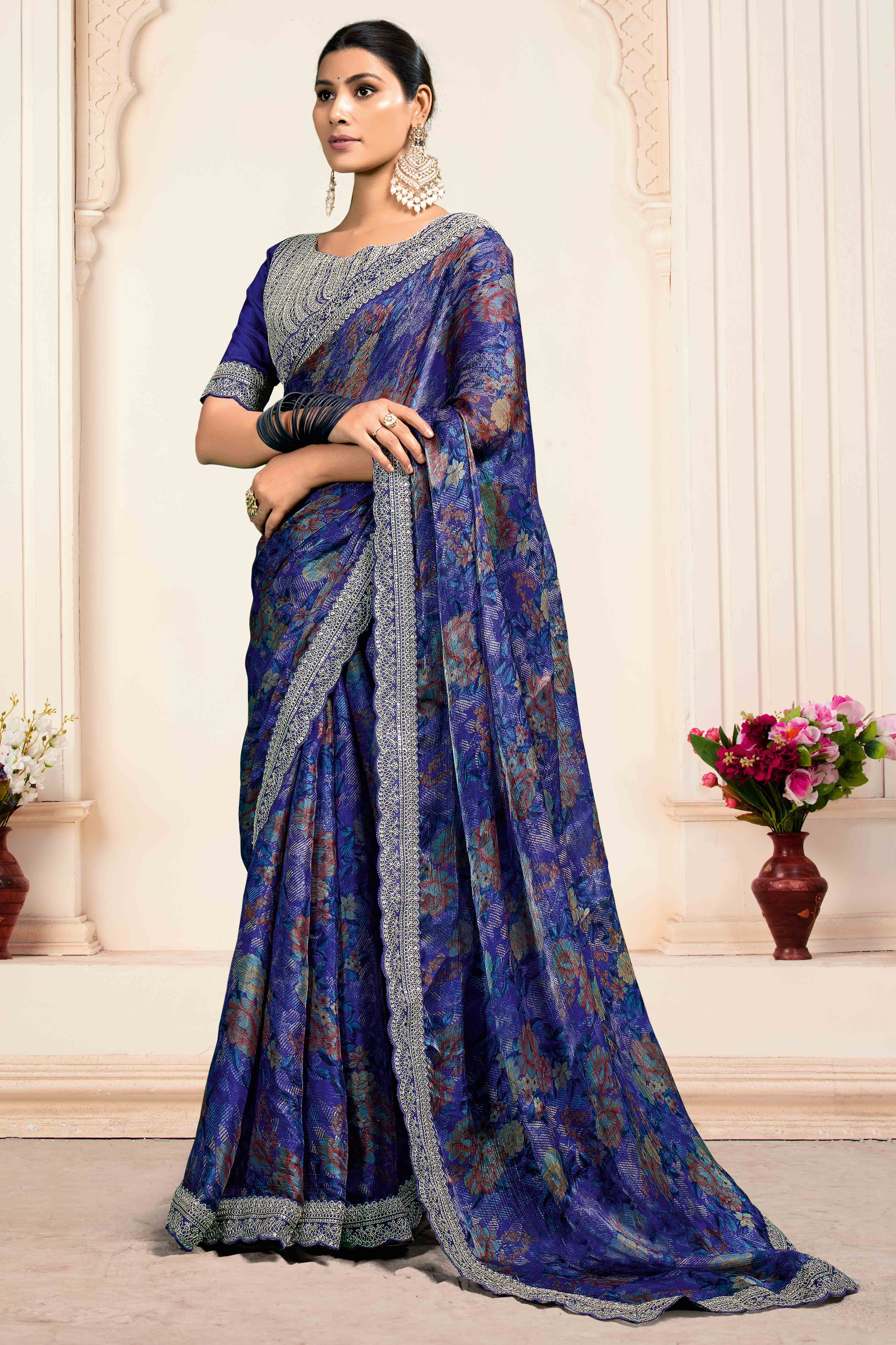 Blue Floral Printed Jimmy Choo Chiffon Saree With Embroidery On Border