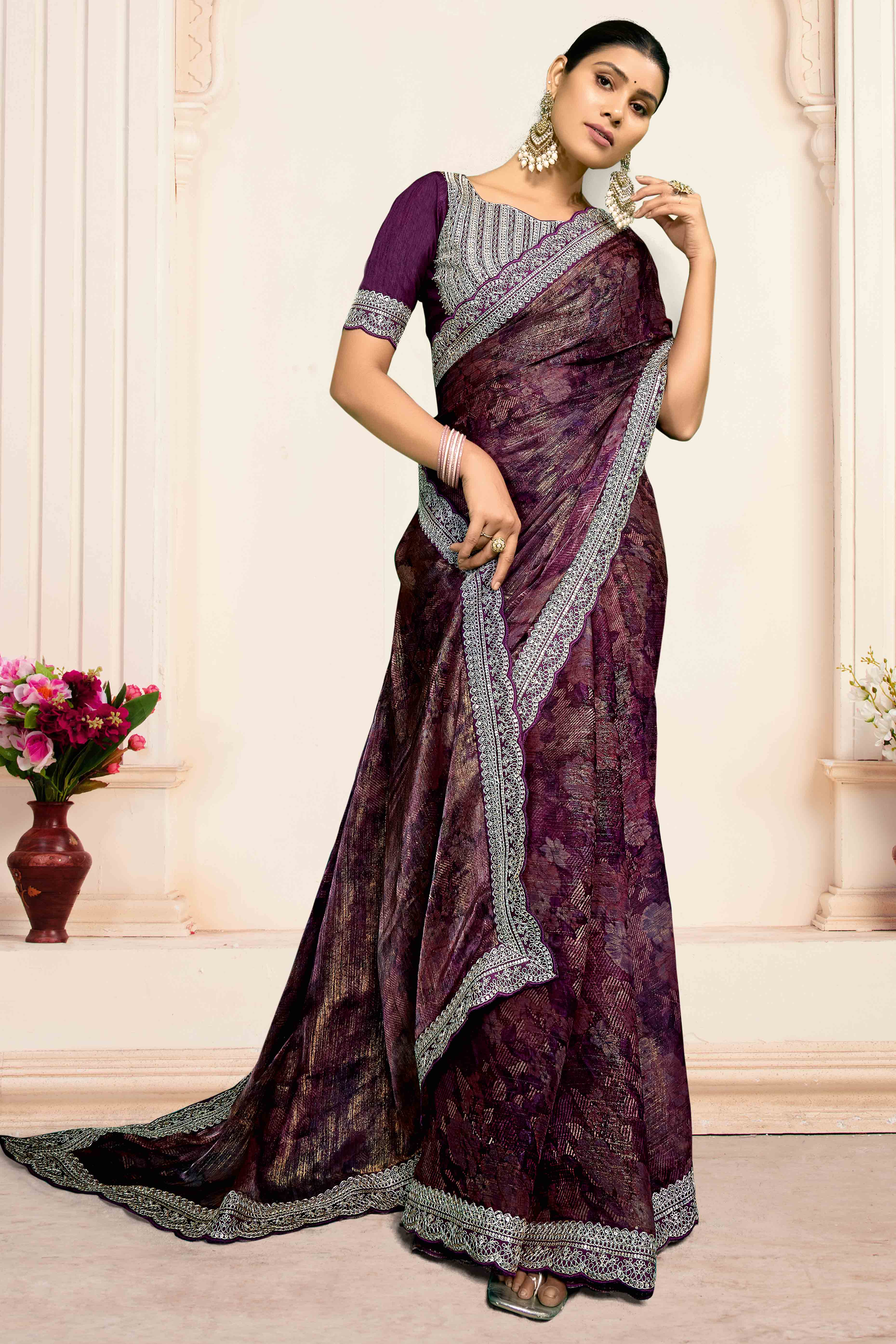 Wine Floral Printed Jimmy Choo Chiffon Saree With Embroidery On Border