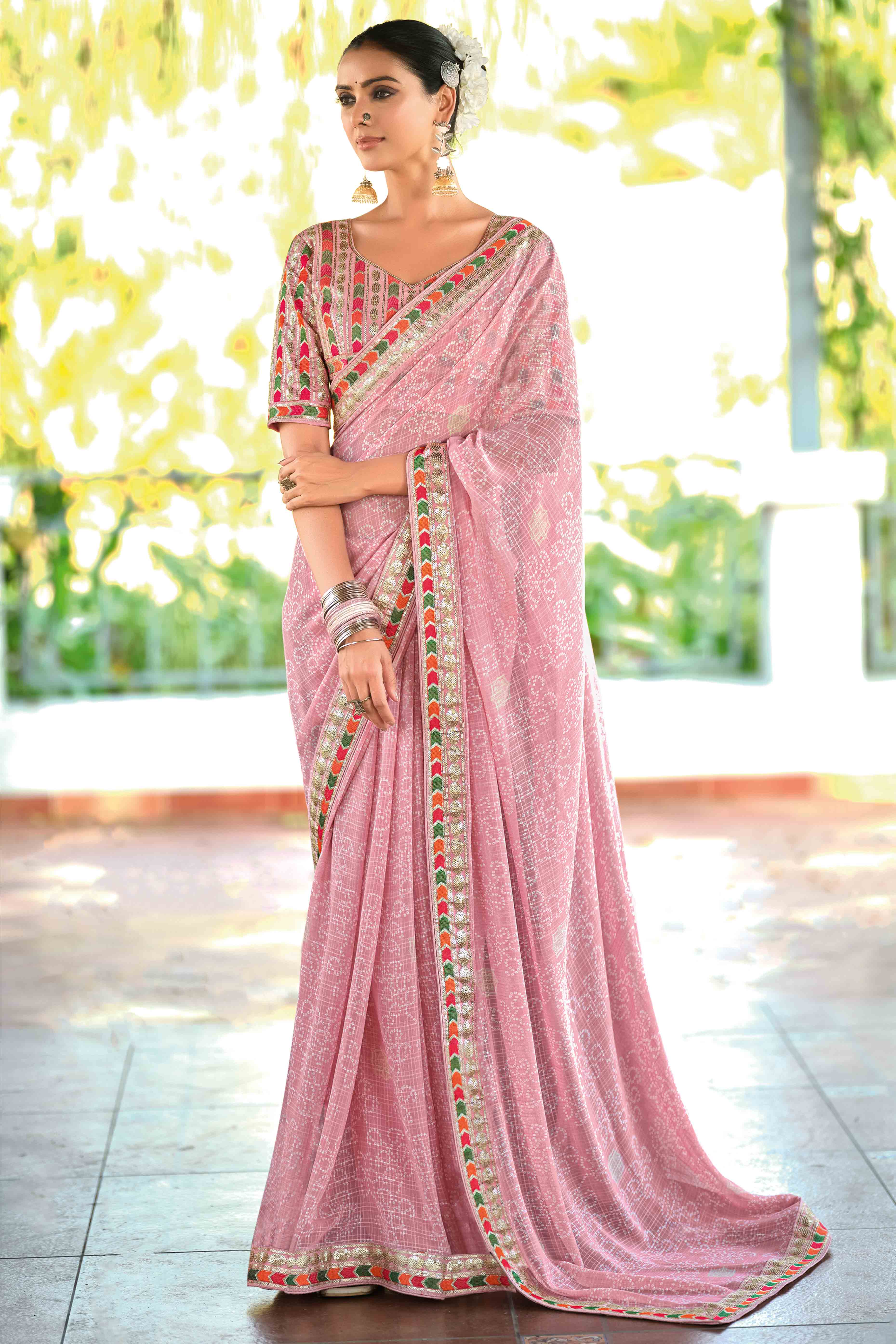 Pink Bandhani Printed Georgette Saree With Glittering Sequin Embroidered Border