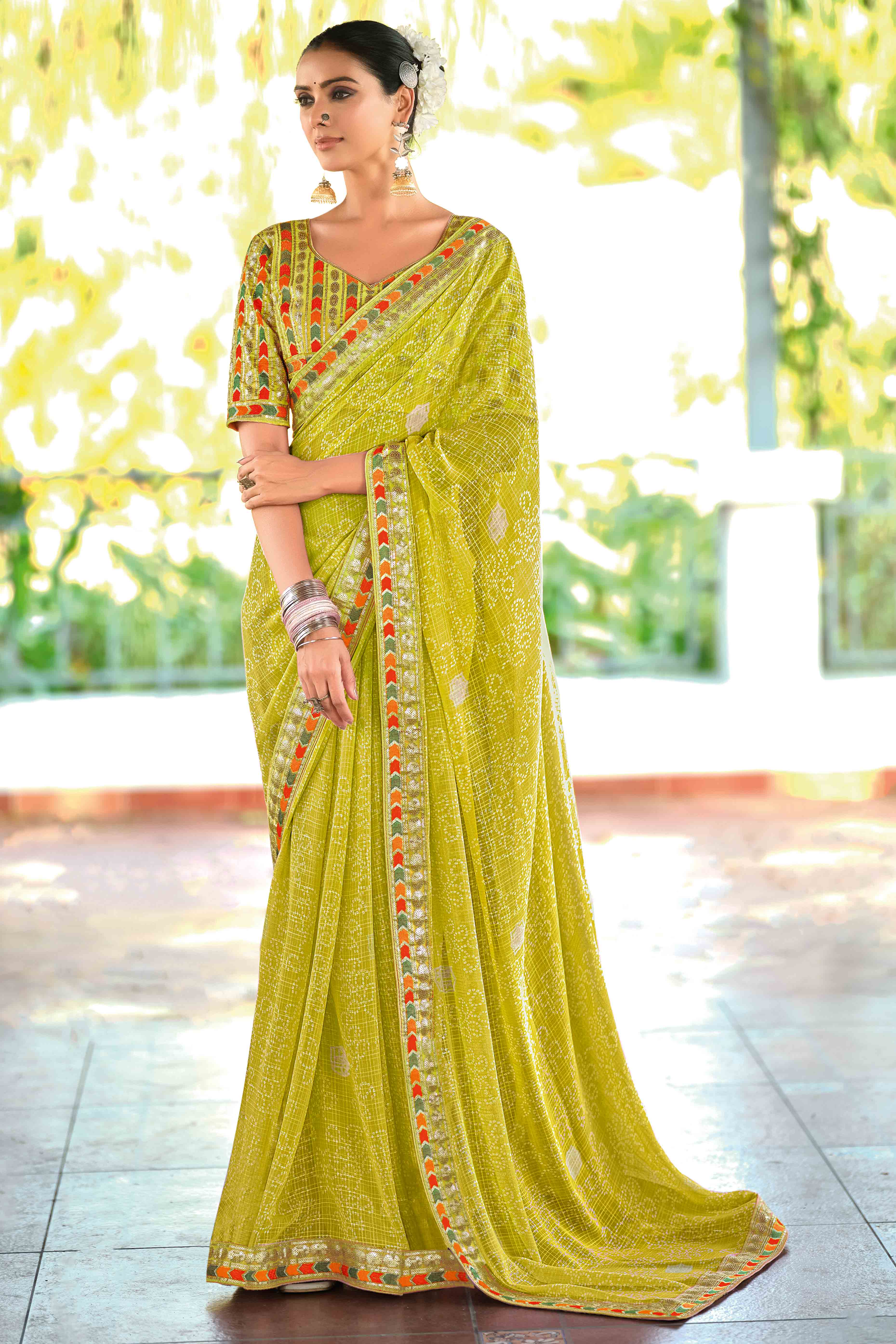 Green Bandhani Printed Georgette Saree With Glittering Sequin Embroidered Border
