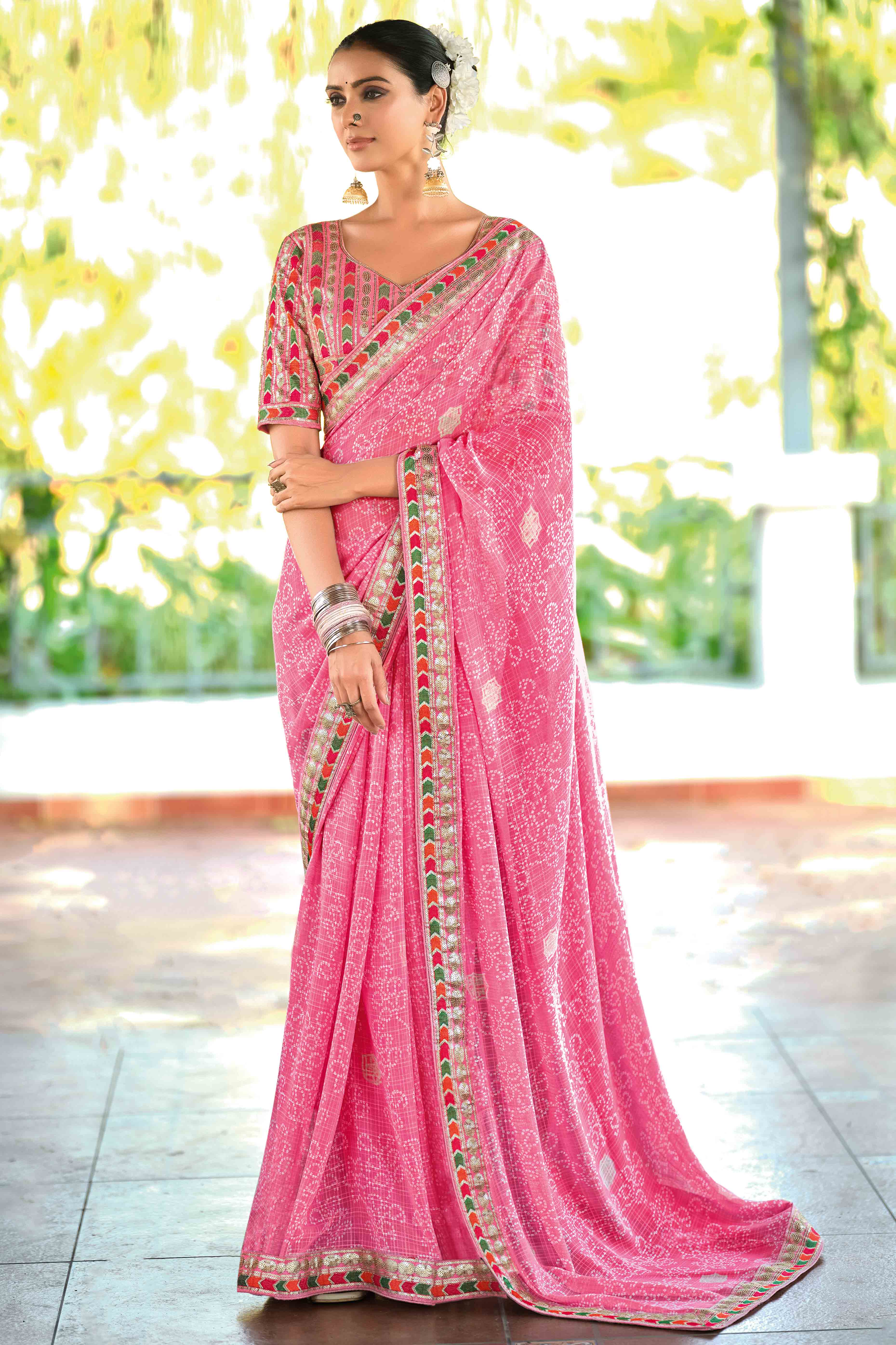 Pink Bandhani Printed Georgette Saree With Glittering Sequin Embroidered Border