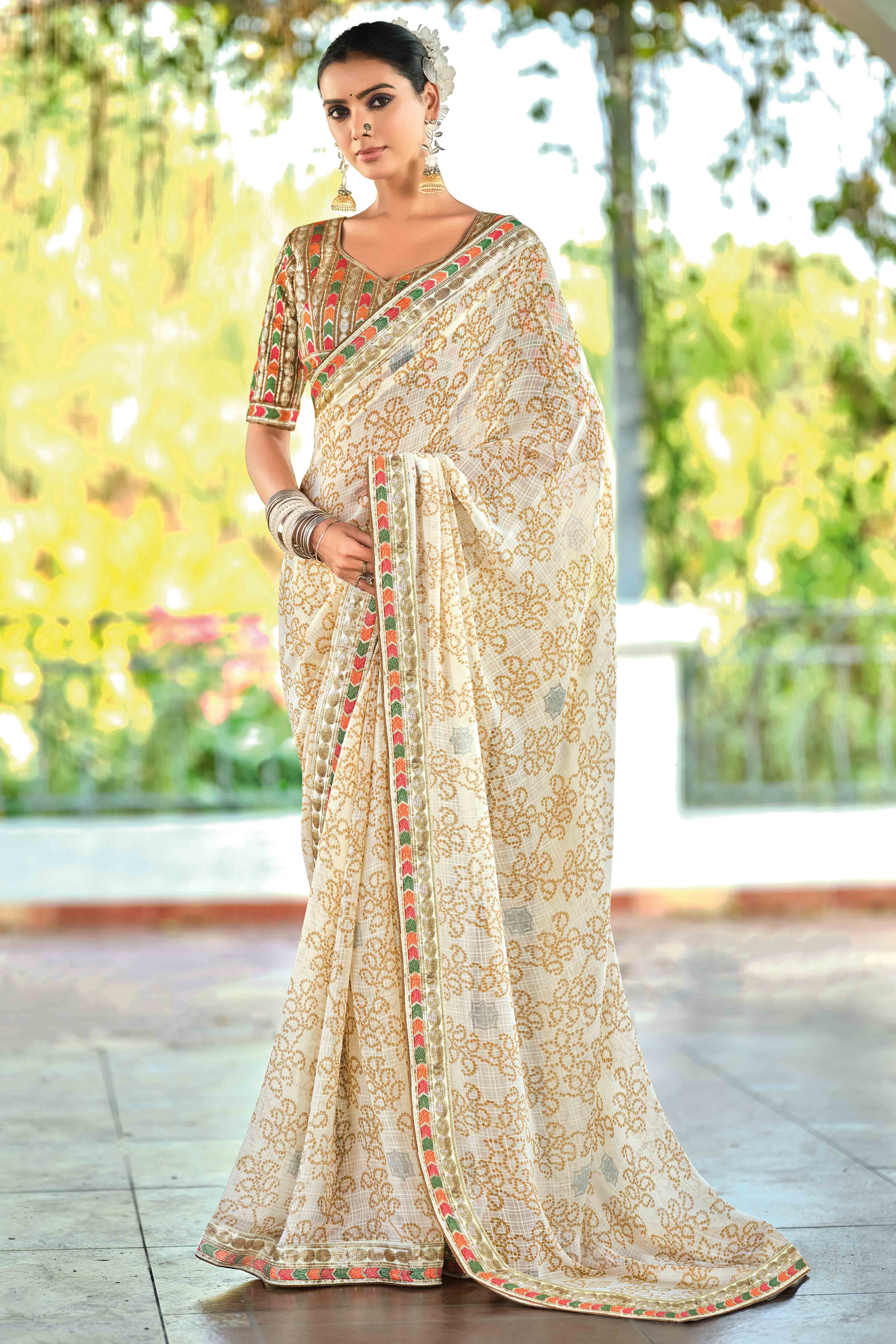 Cream Bandhani Printed Georgette Saree With Glittering Sequin Embroidered Border