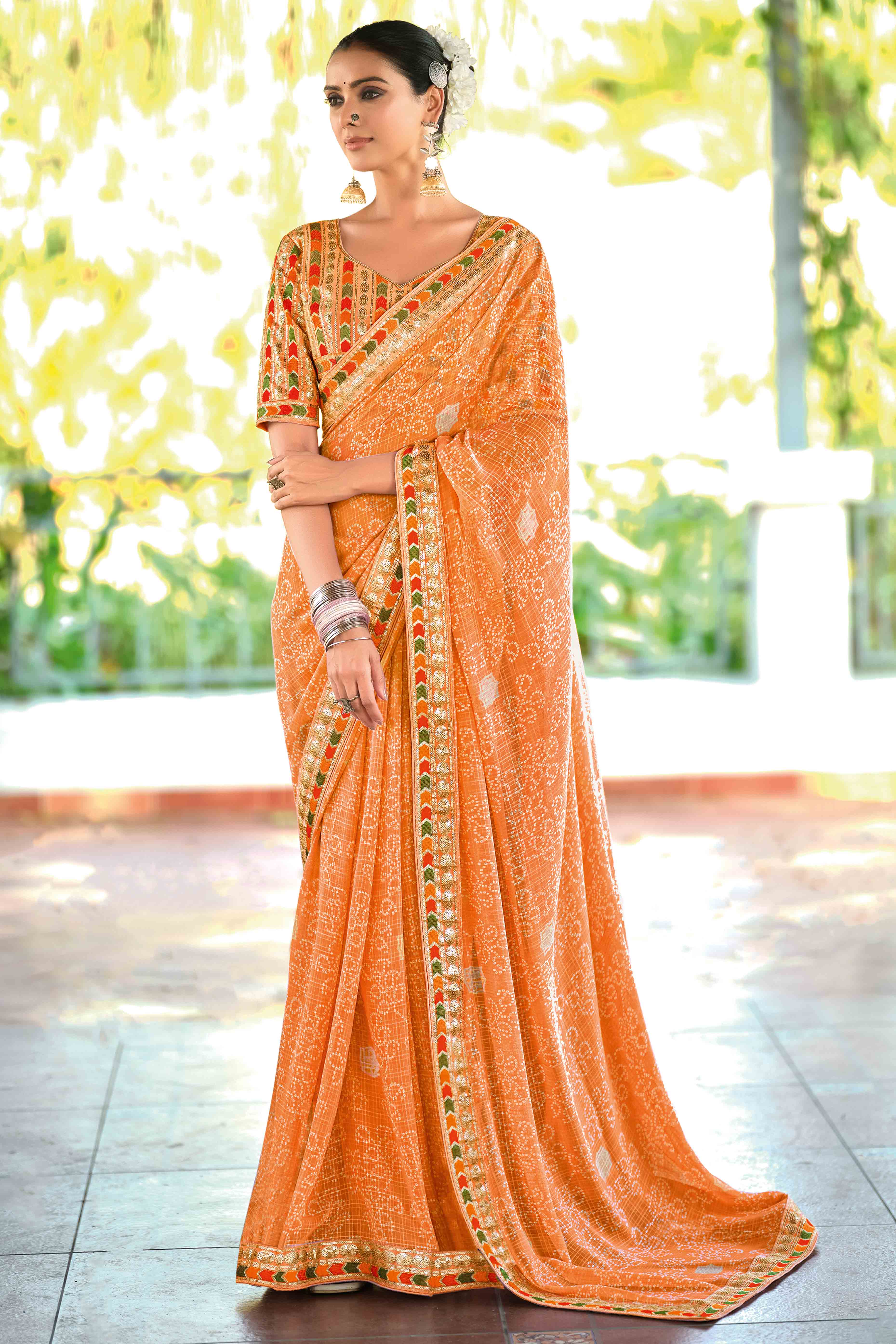 Orange Bandhani Printed Georgette Saree With Glittering Sequin Embroidered Border